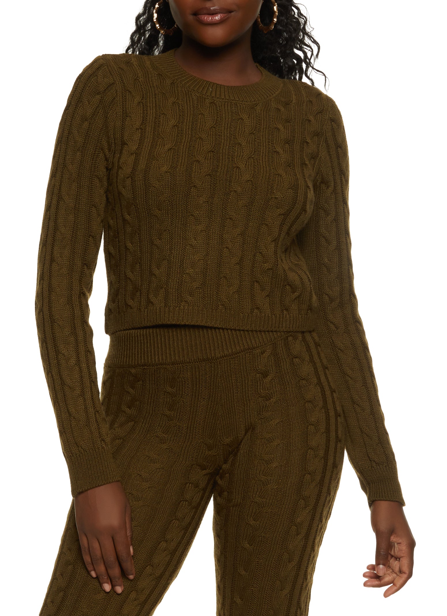 Womens Cable Knit Crew Neck Cropped Sweater, Green, Size S