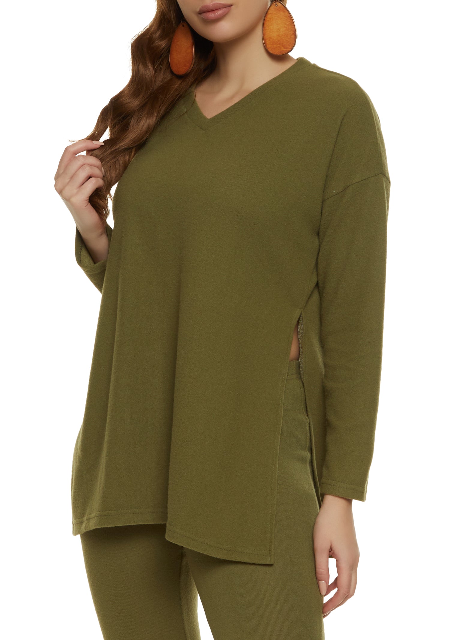 Womens Brushed Knit Side Slit Tunic Top, Green, Size S