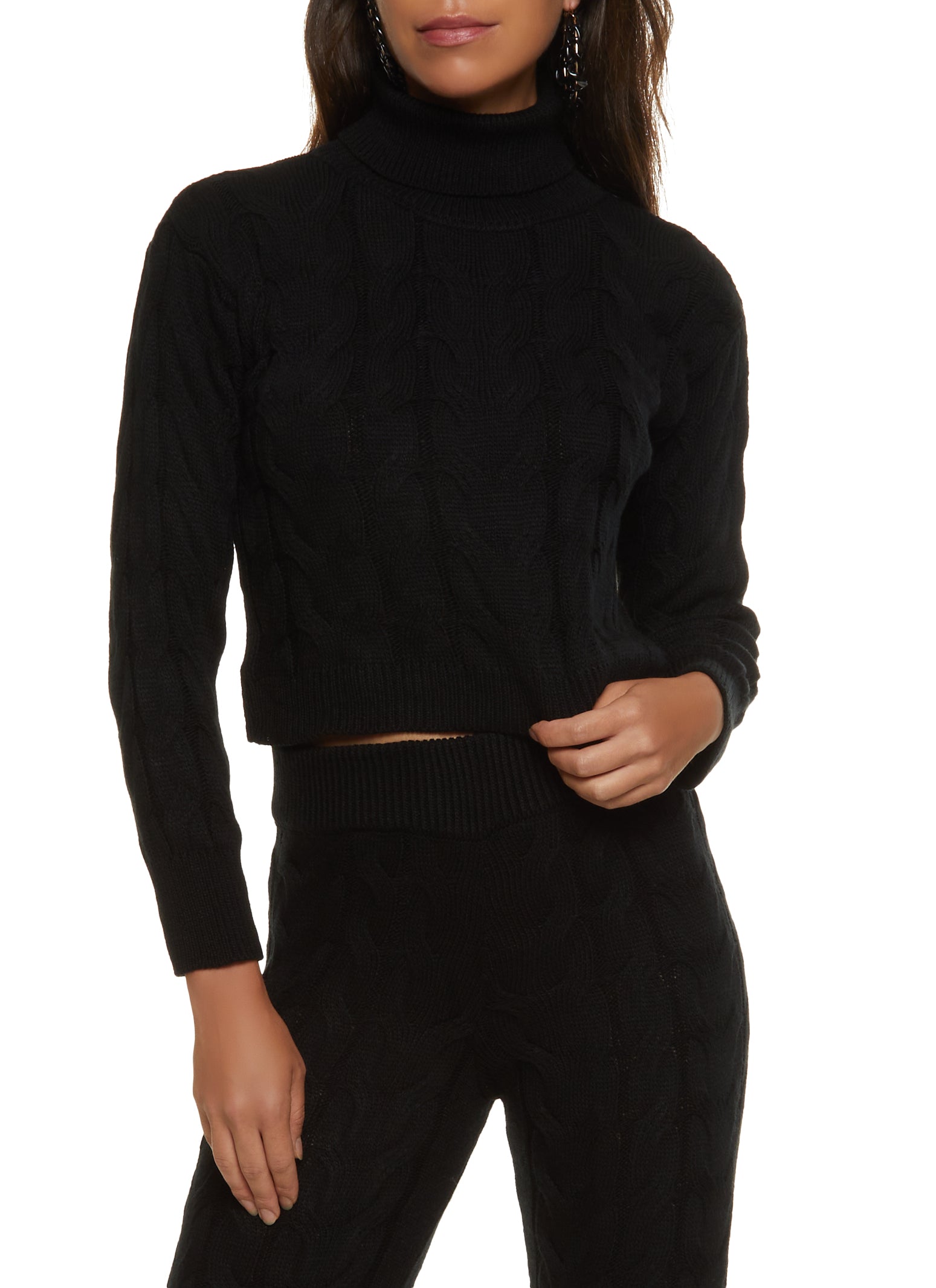 Womens Cable Knit Turtleneck Cropped Sweater, M