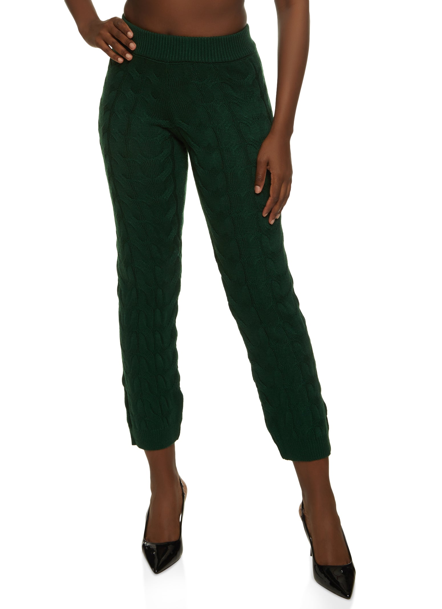 Womens Cable Knit High Waist Pants, Green, Size M