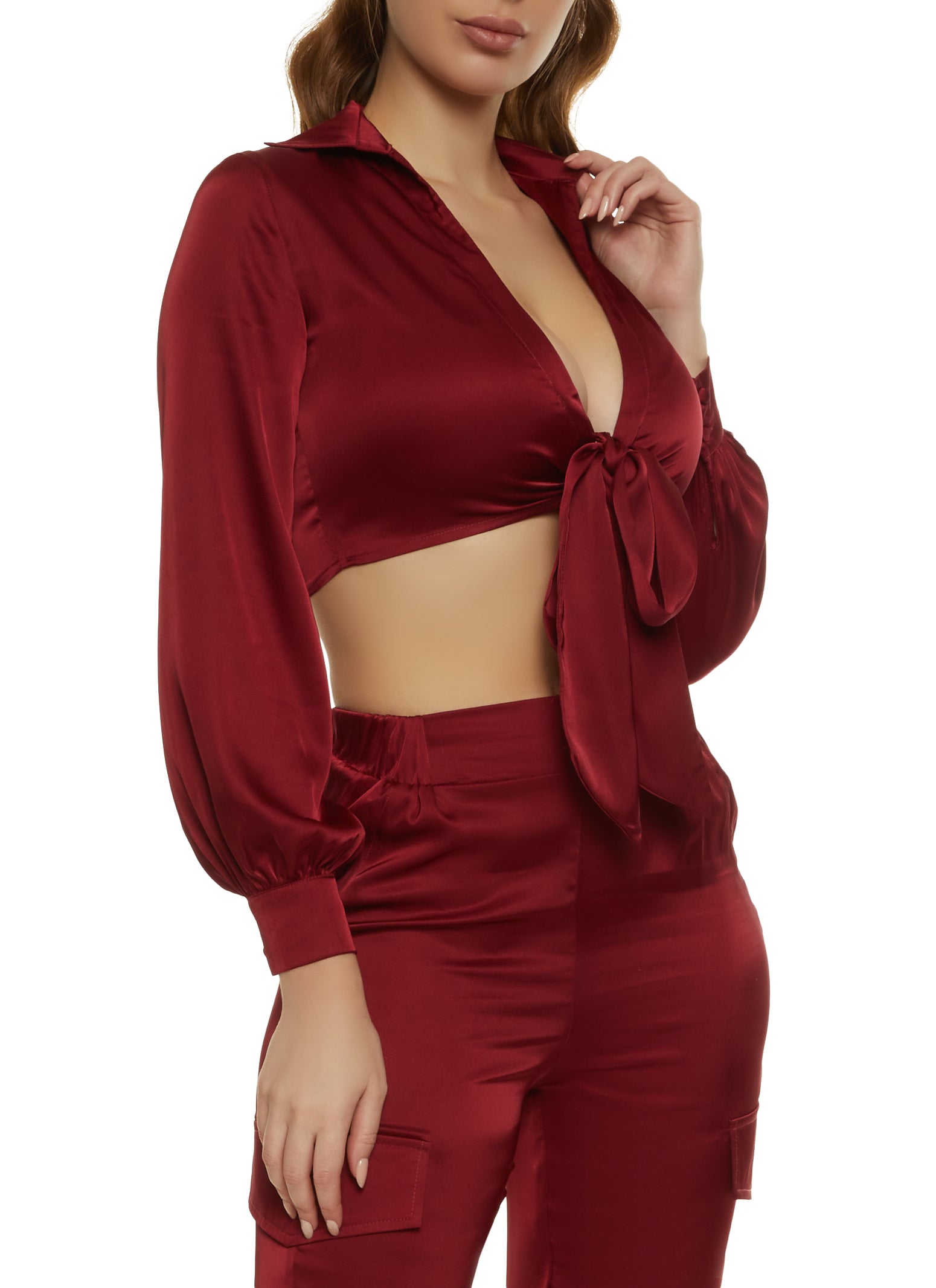 Womens Satin Collared Tie Front Crop Top, Burgundy, Size M