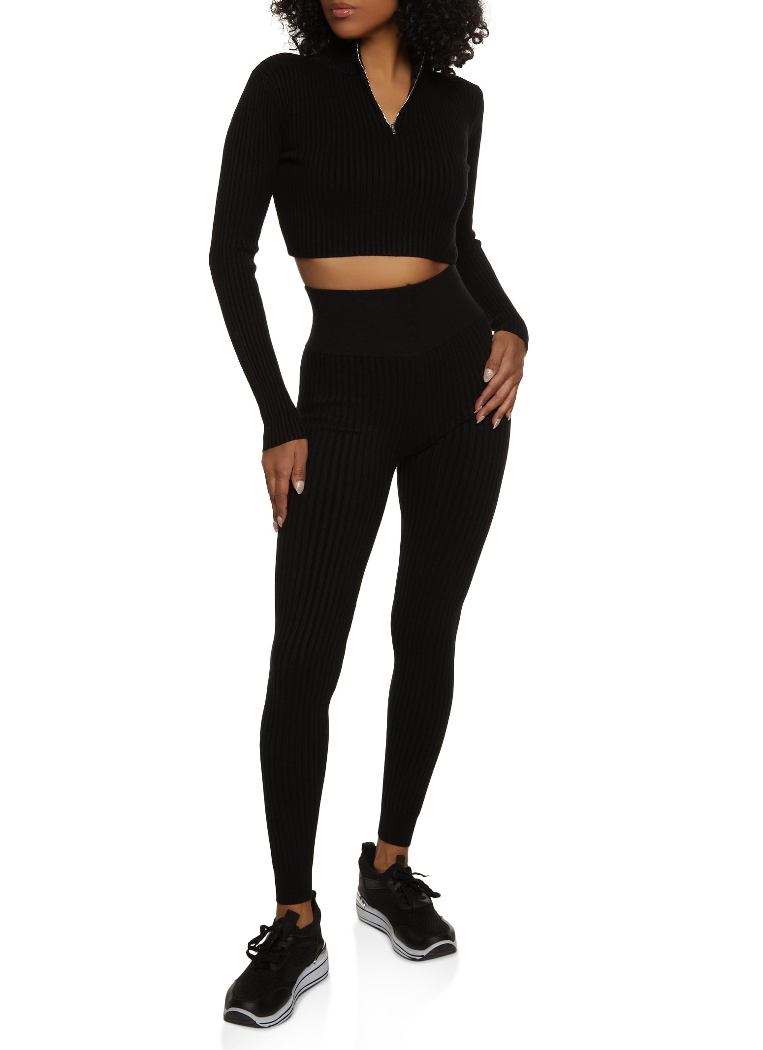 Womens Cropped Rib Knit Zip Neck Sweater,