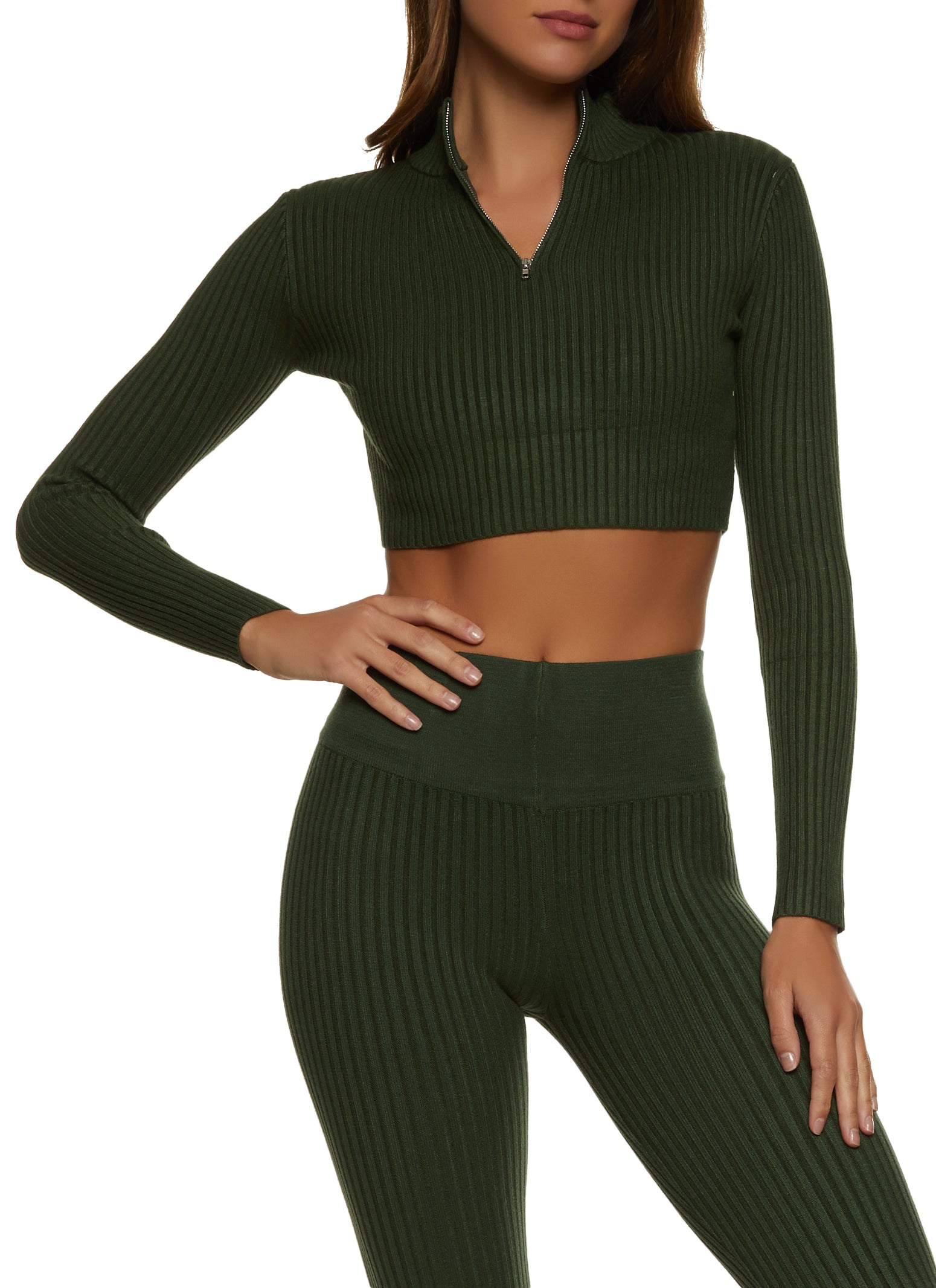 Womens Cropped Rib Knit Zip Neck Sweater, Green, Size XL