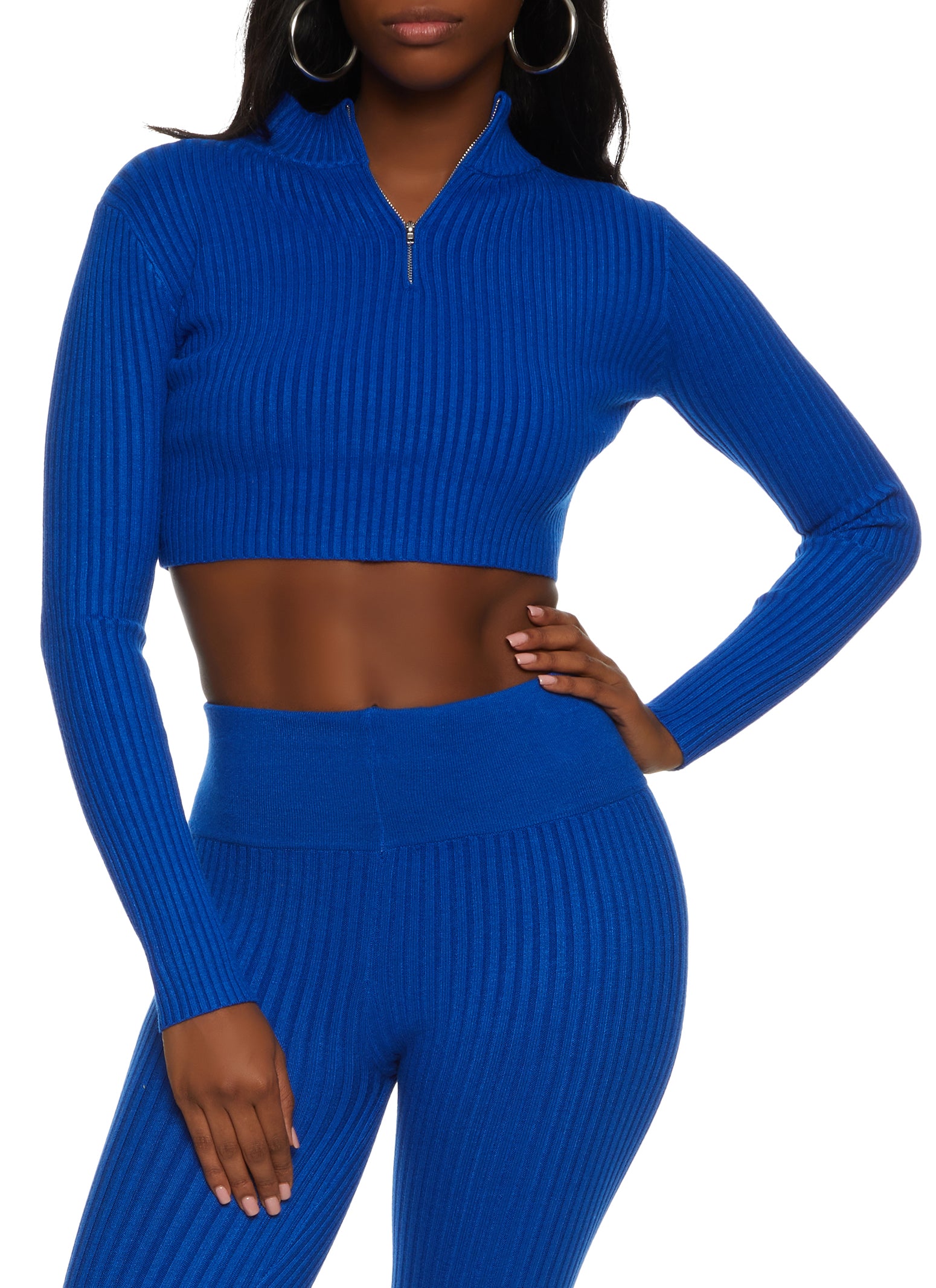 Womens Cropped Rib Knit Zip Neck Sweater,