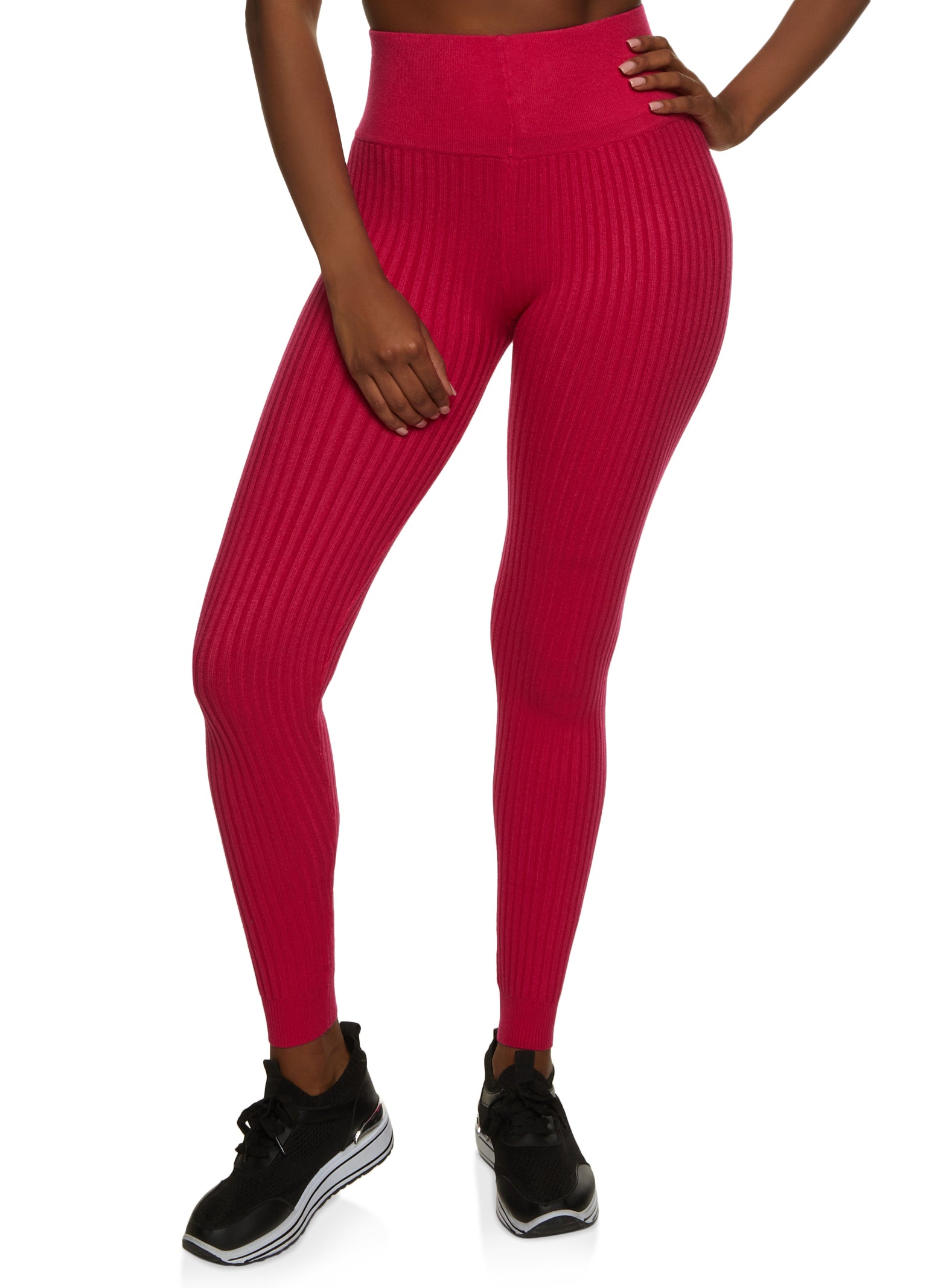 Solid Bright Red Ribbed Warm Leggings for Women