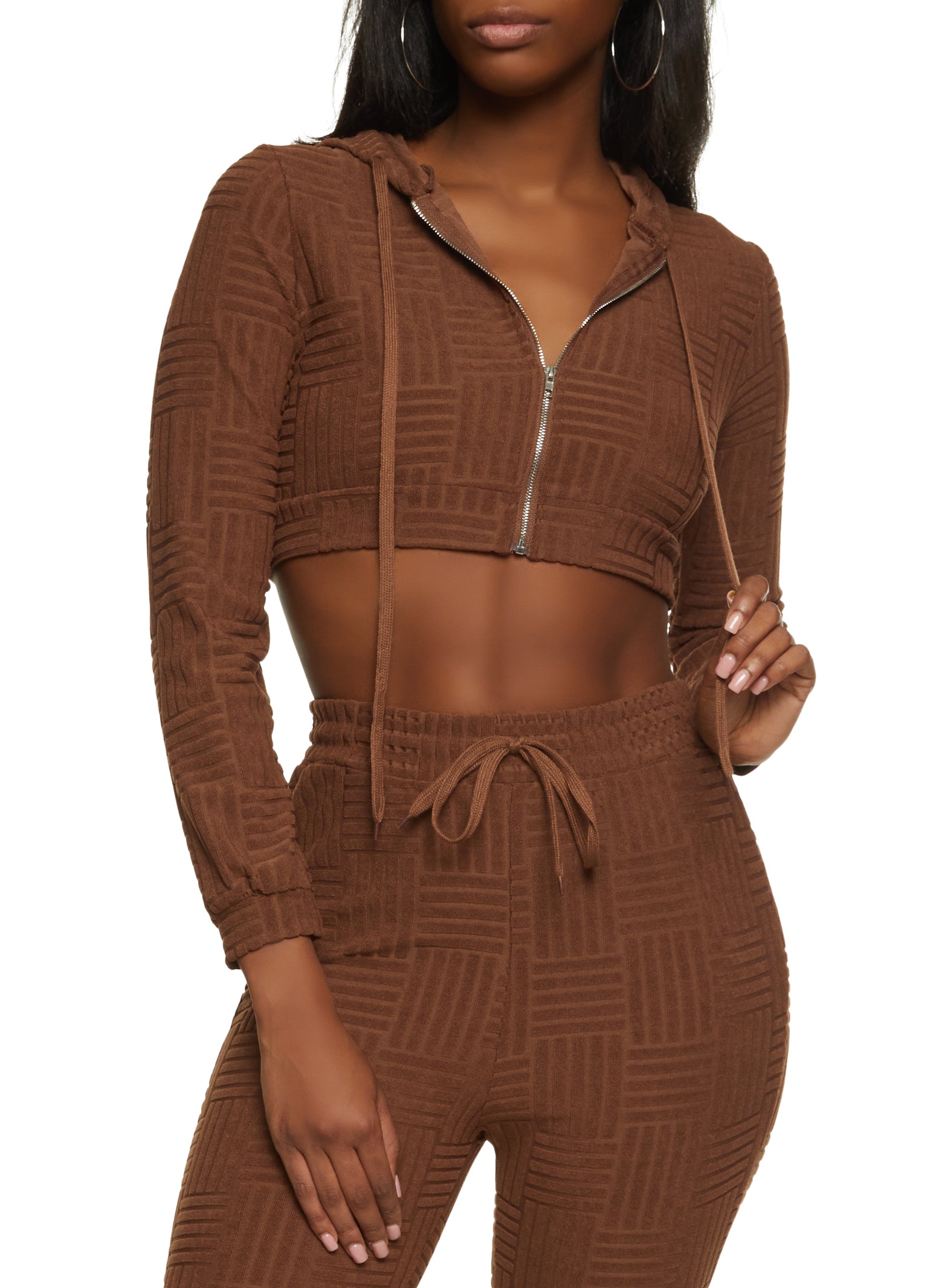 Womens Terry Cloth Zip Front Cropped Hoodie, Brown,