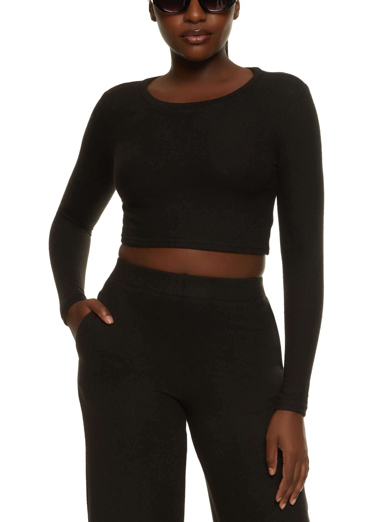 Womens Brushed Knit Crew Neck Crop Top, Black, Size M