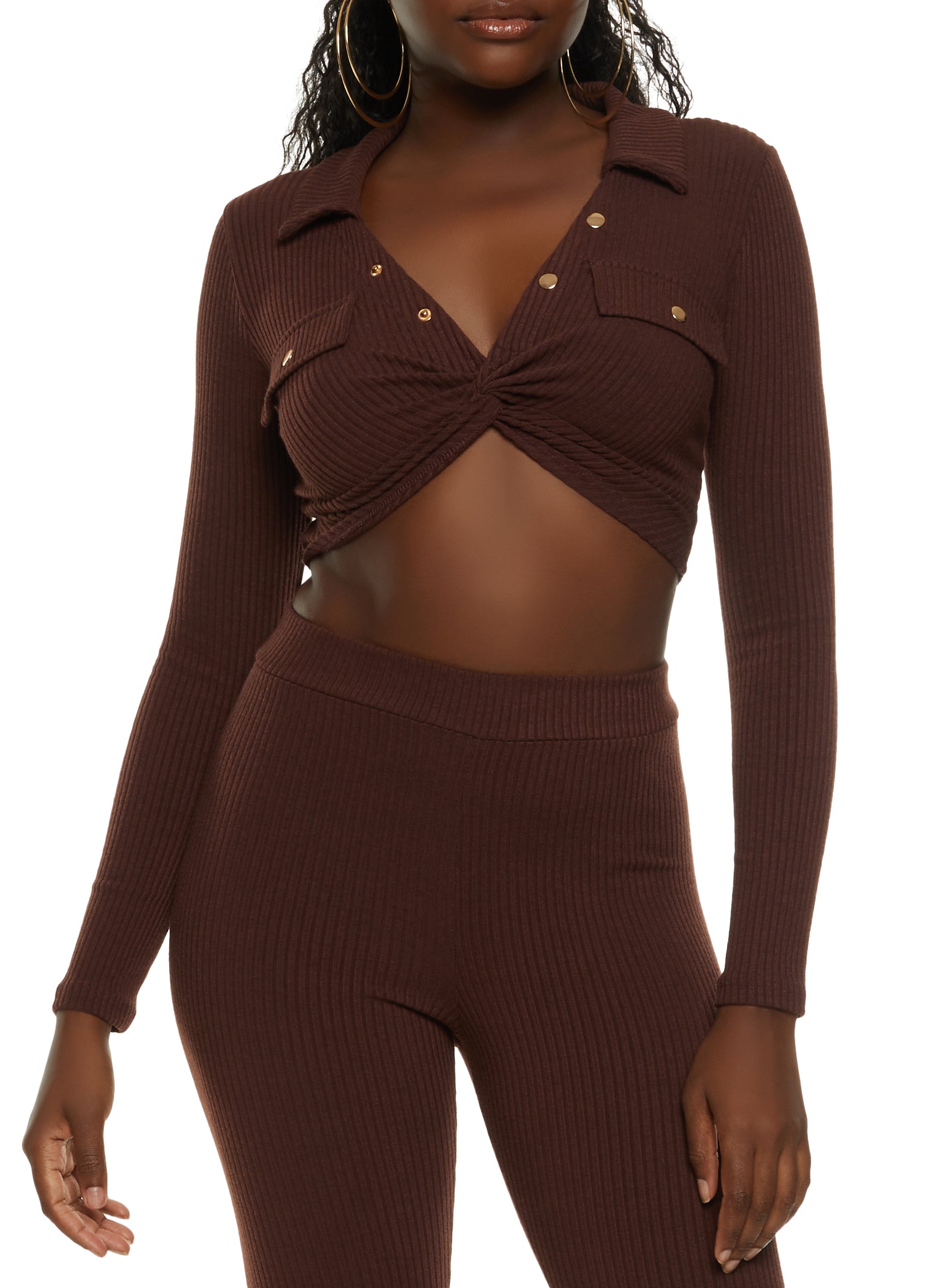 Womens Rib Knit Collared Twist Front Crop Top, Brown, Size L