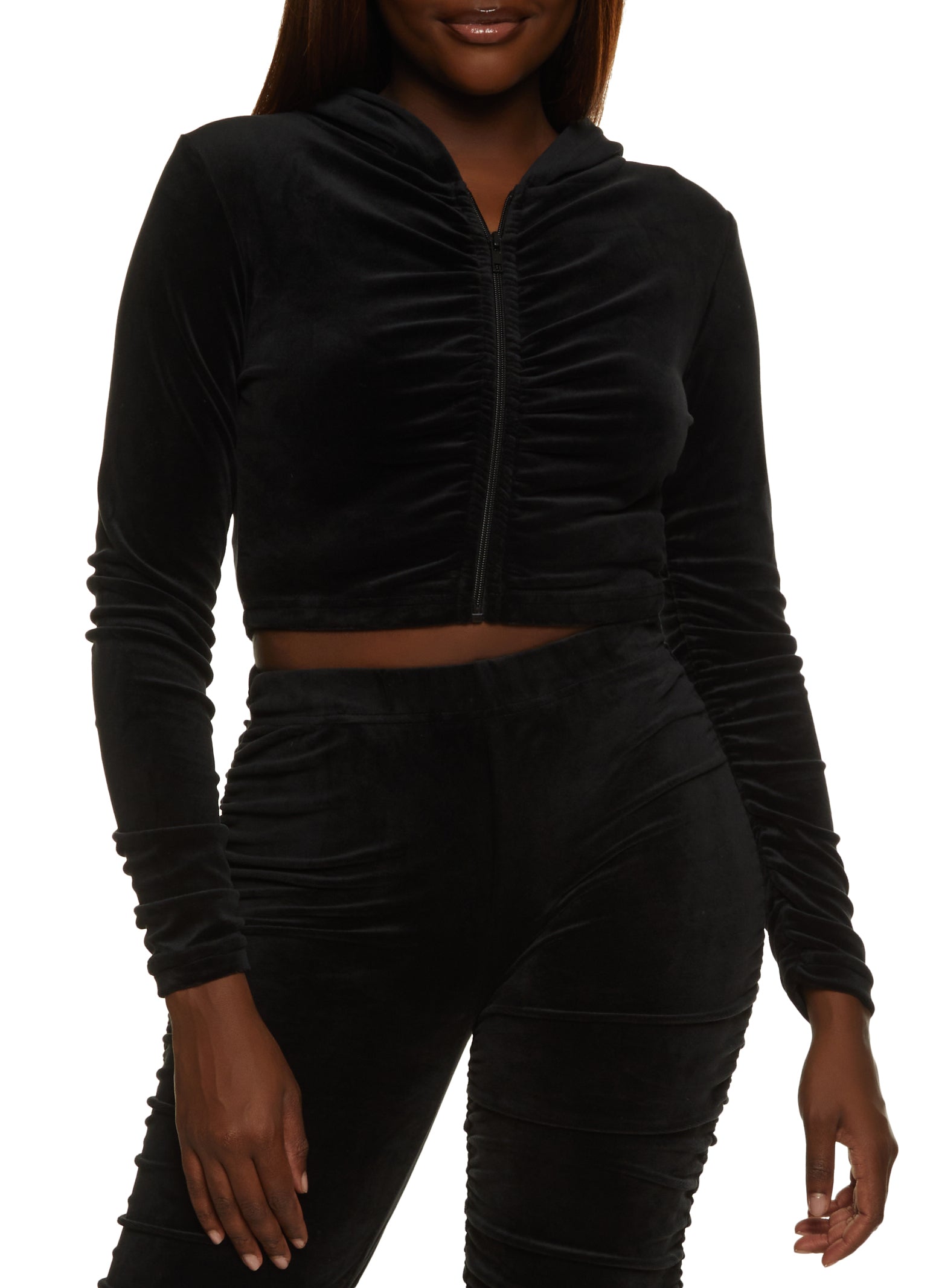 Womens Velour Ruched Zip Front Hoodie, Black, Size S