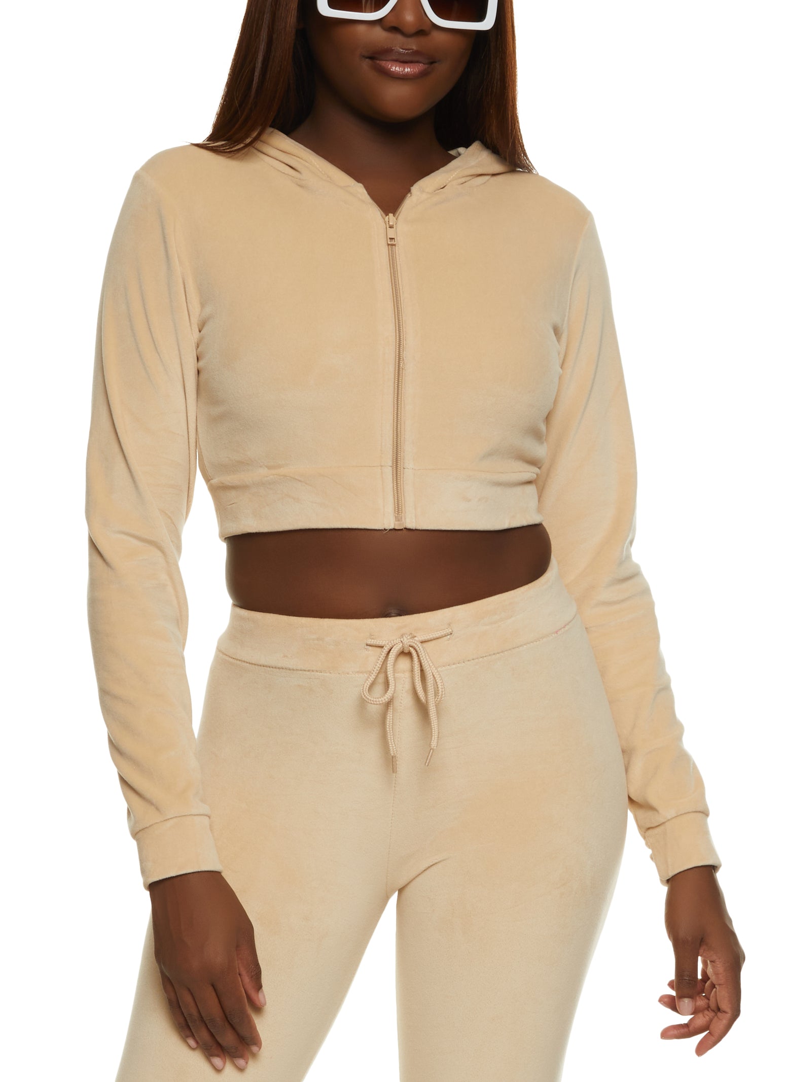 Womens Velour Zip Front Cropped Hoodie,