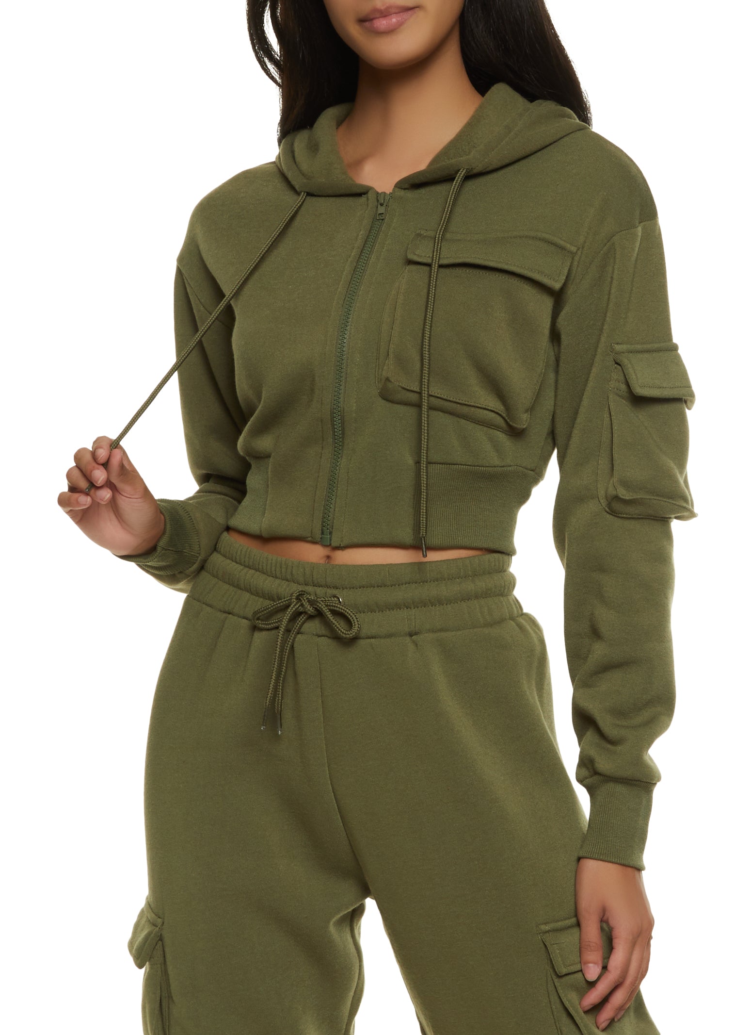 Womens Solid Cargo Pocket Cropped Hoodie,
