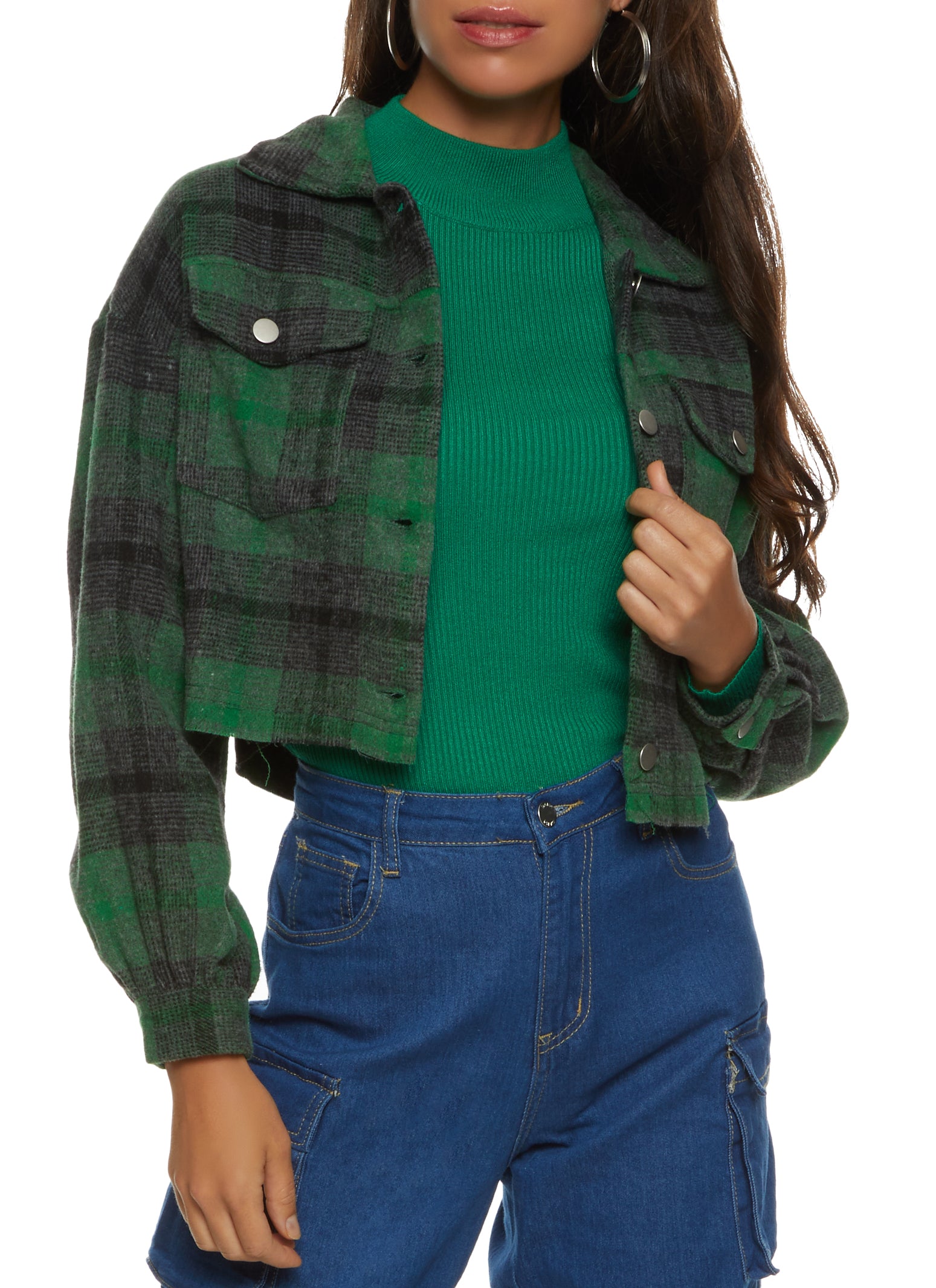 Womens Plaid Raw Hem Cropped Shacket, Green, Size S