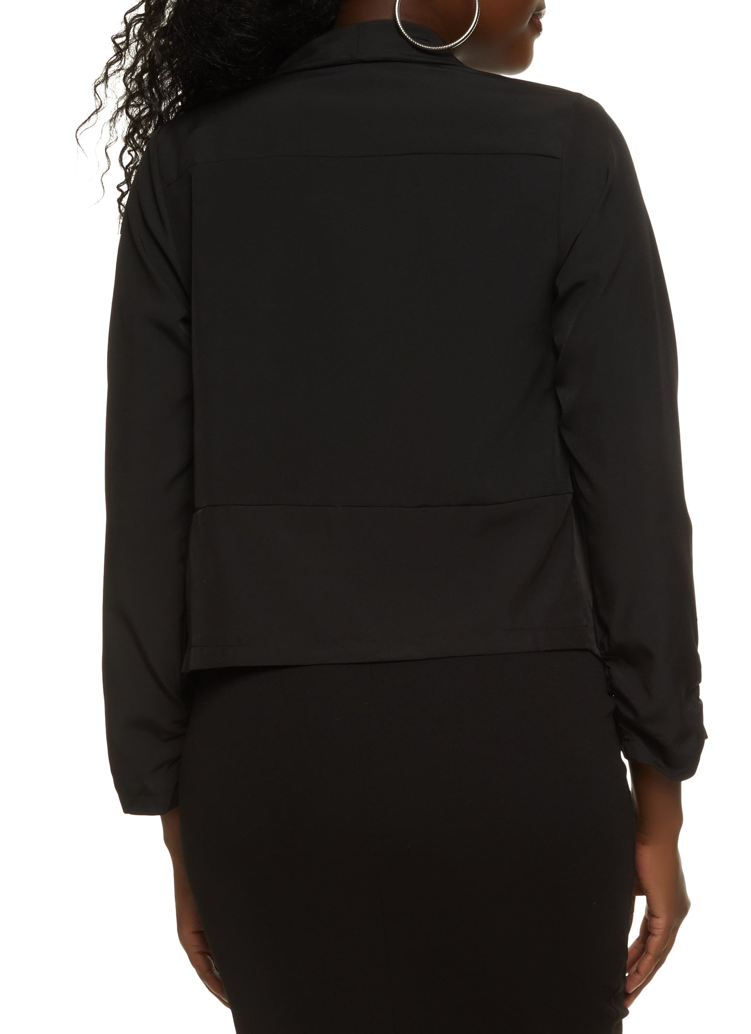 Womens Solid Crepe Knit Ruched Sleeve Blazer, Black, Size M