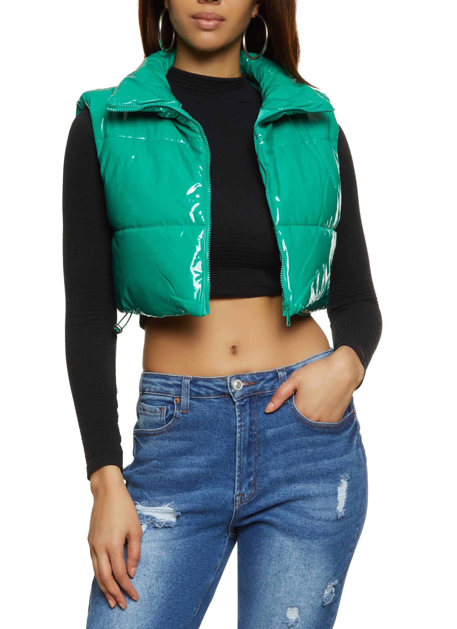 Cropped Faux Patent Leather Puffer Vest
