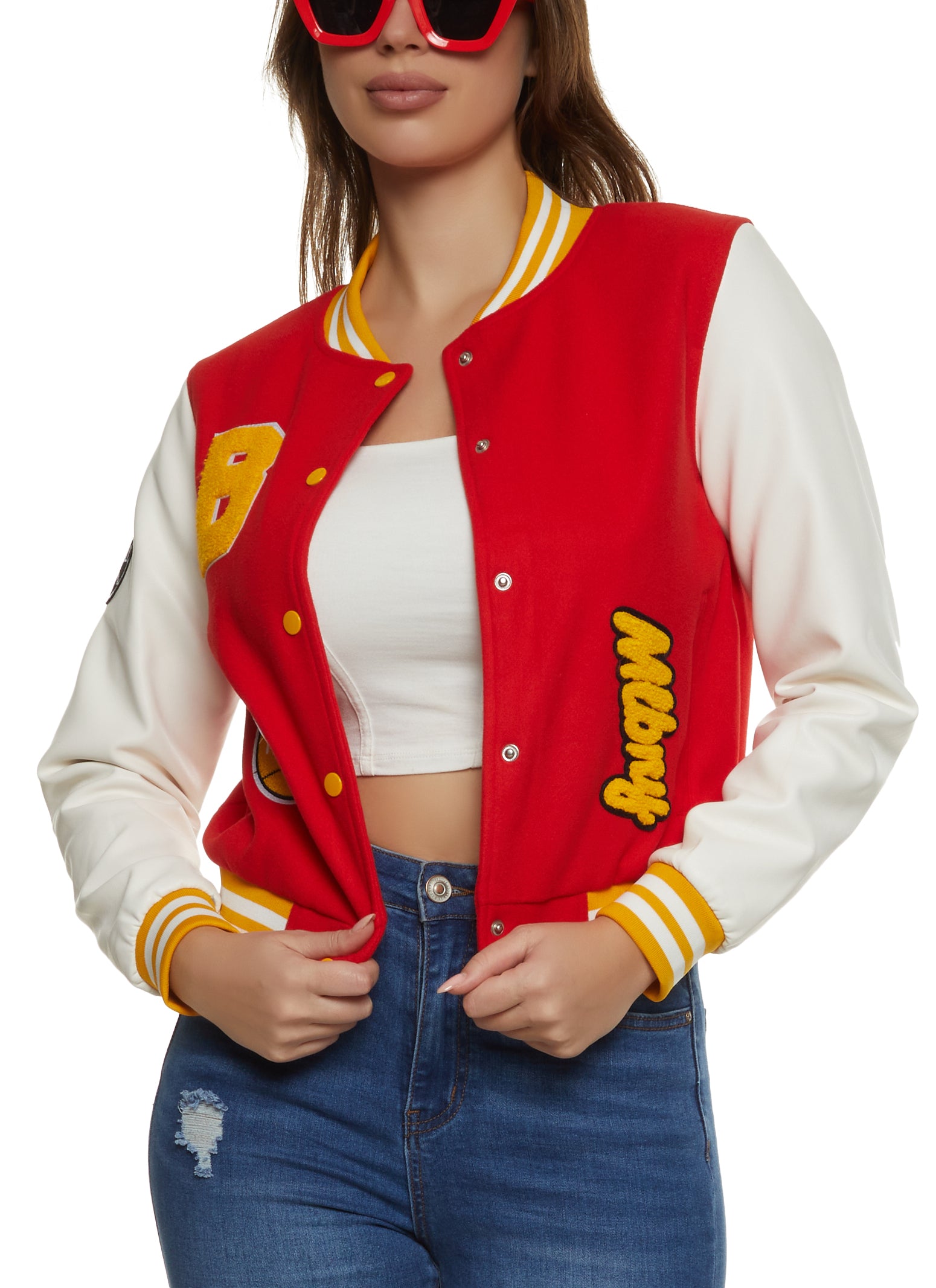 Womens Chenille Patch Letterman Jacket, Red, Size S
