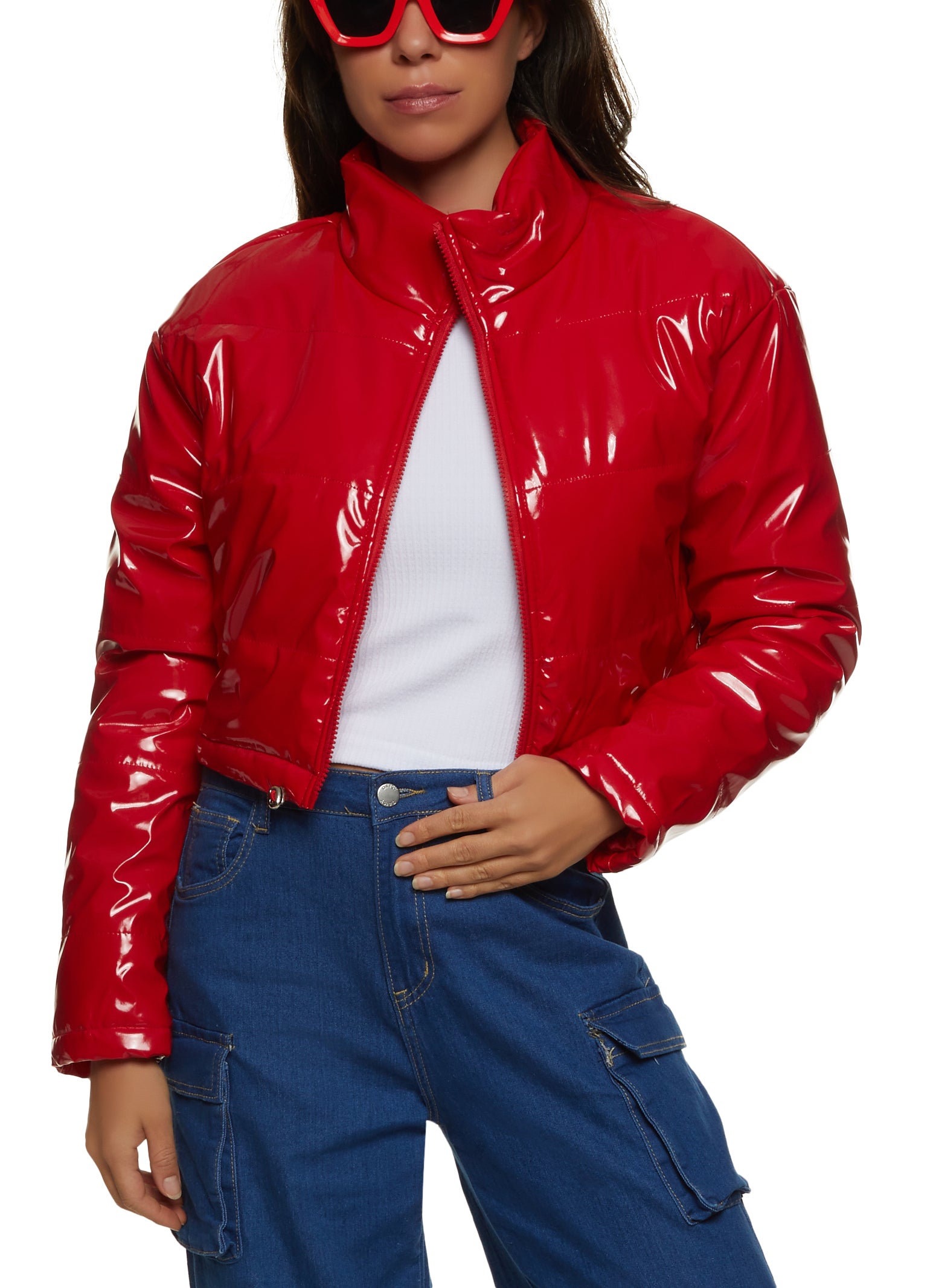 Womens Faux Patent Leather Puffer Jacket,