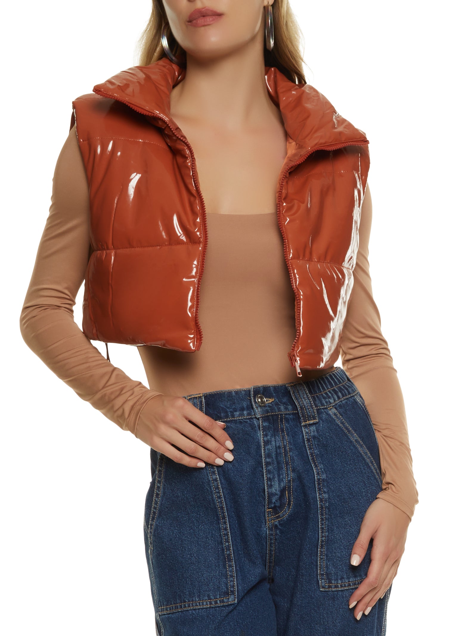 Womens Faux Patent Leather Cropped Puffer Vest,