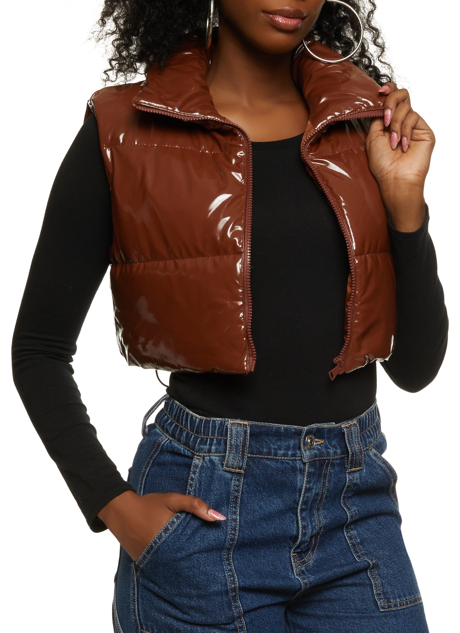 Womens Faux Patent Leather Cropped Puffer Vest, Brown, Size L