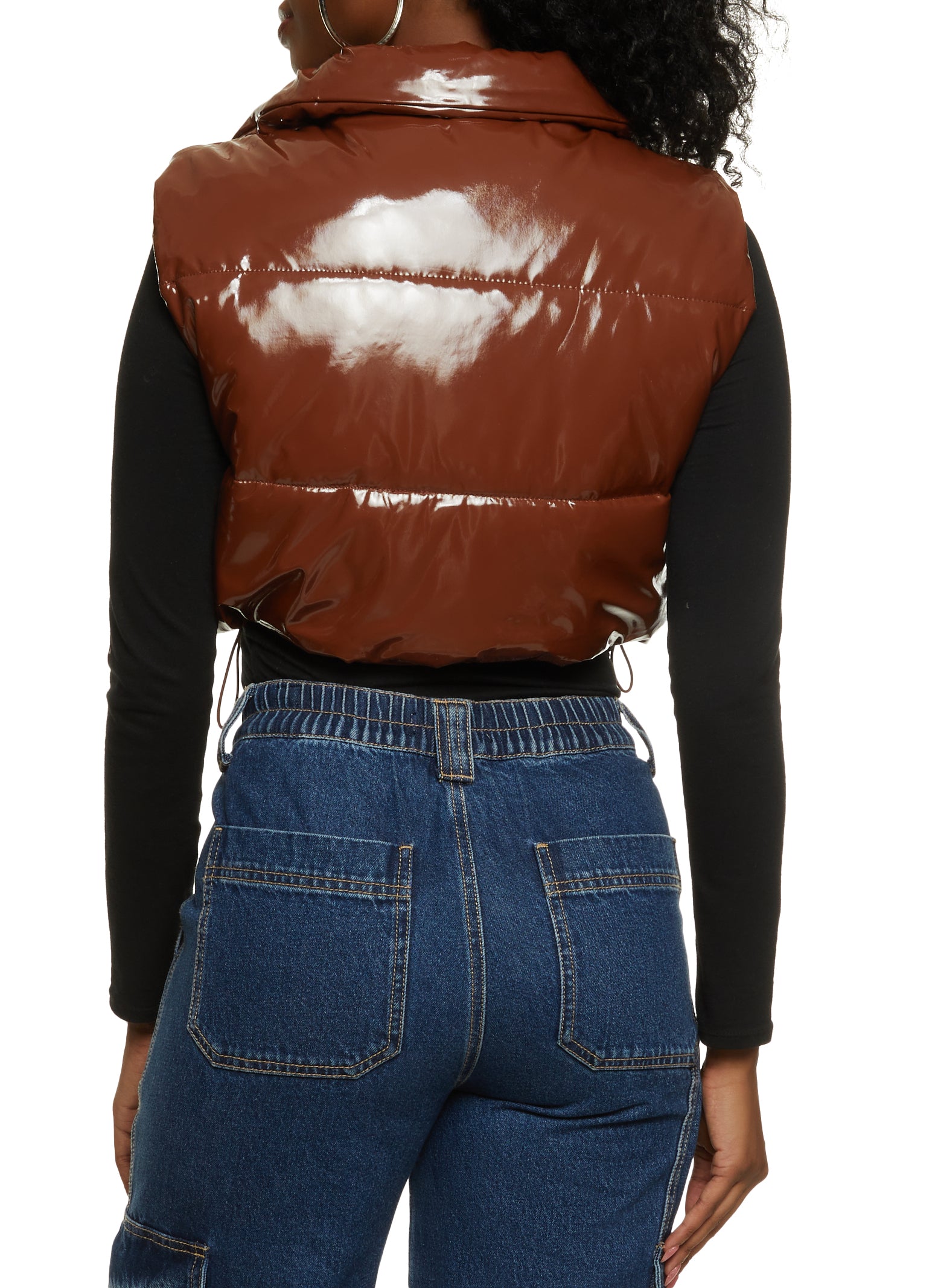 Womens Faux Patent Leather Cropped Puffer Vest, Brown, Size L