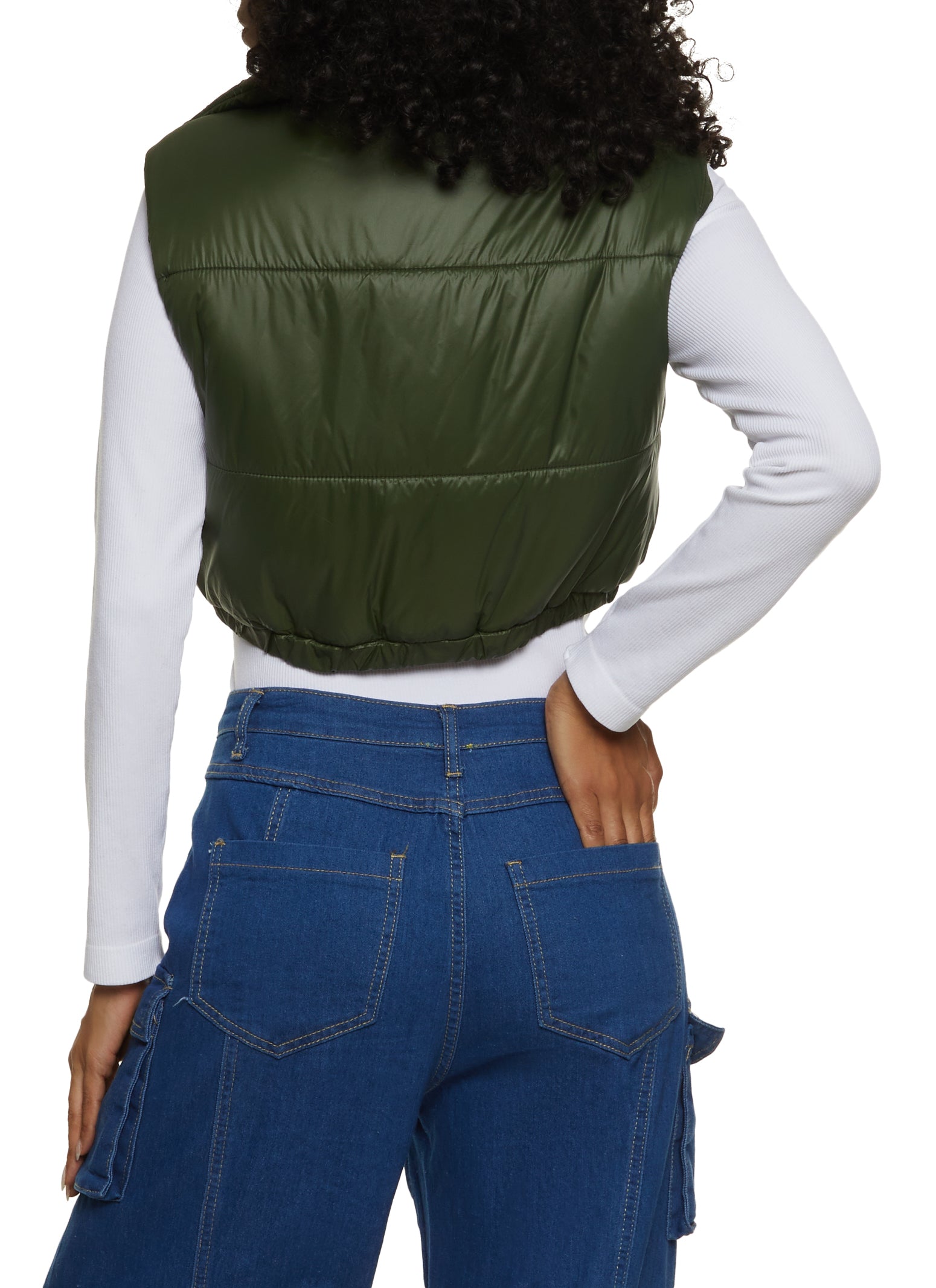 Womens Cropped Puffer Vest, Green, Size M