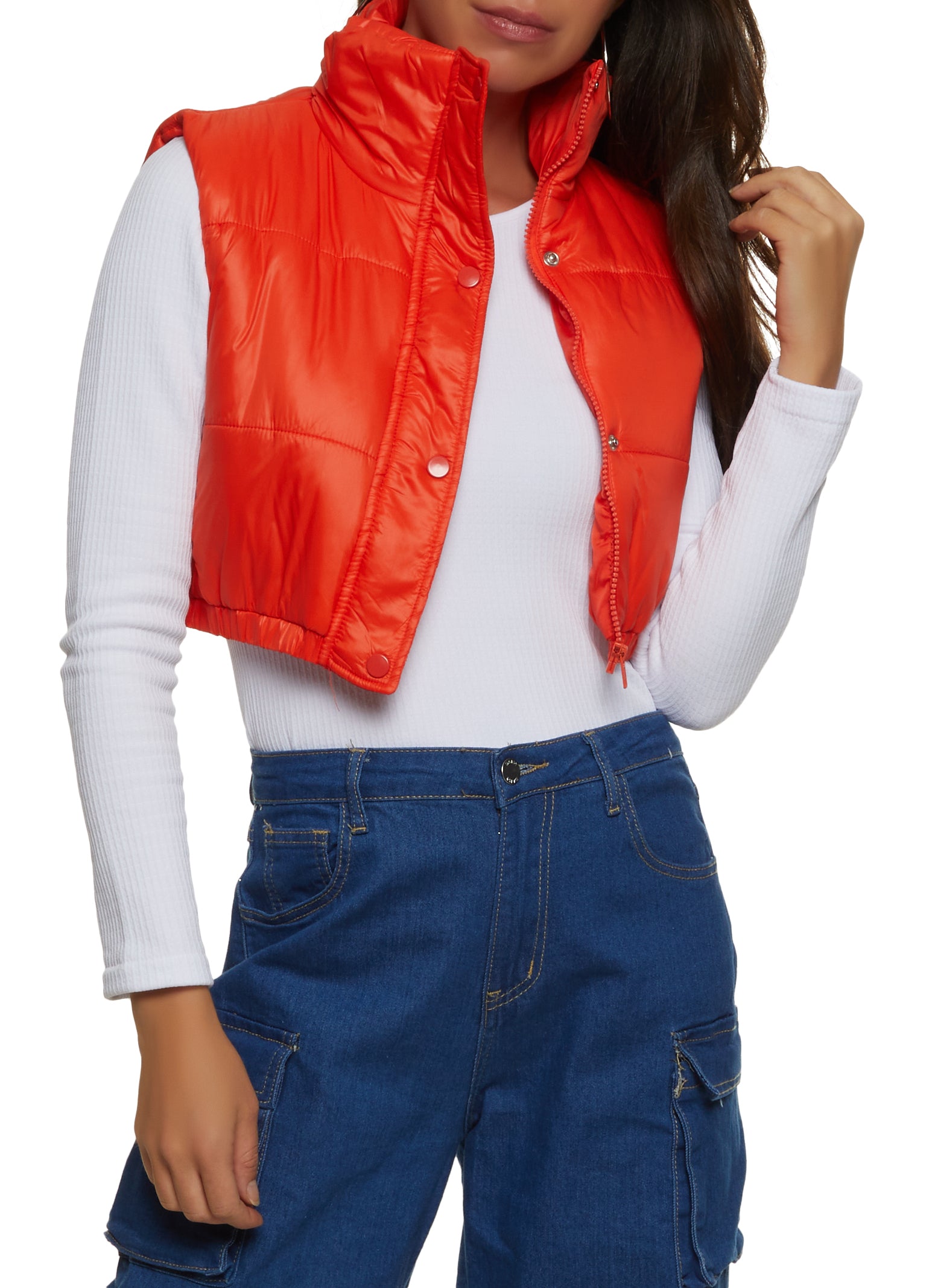 Womens Cropped Puffer Vest, Orange, Size S