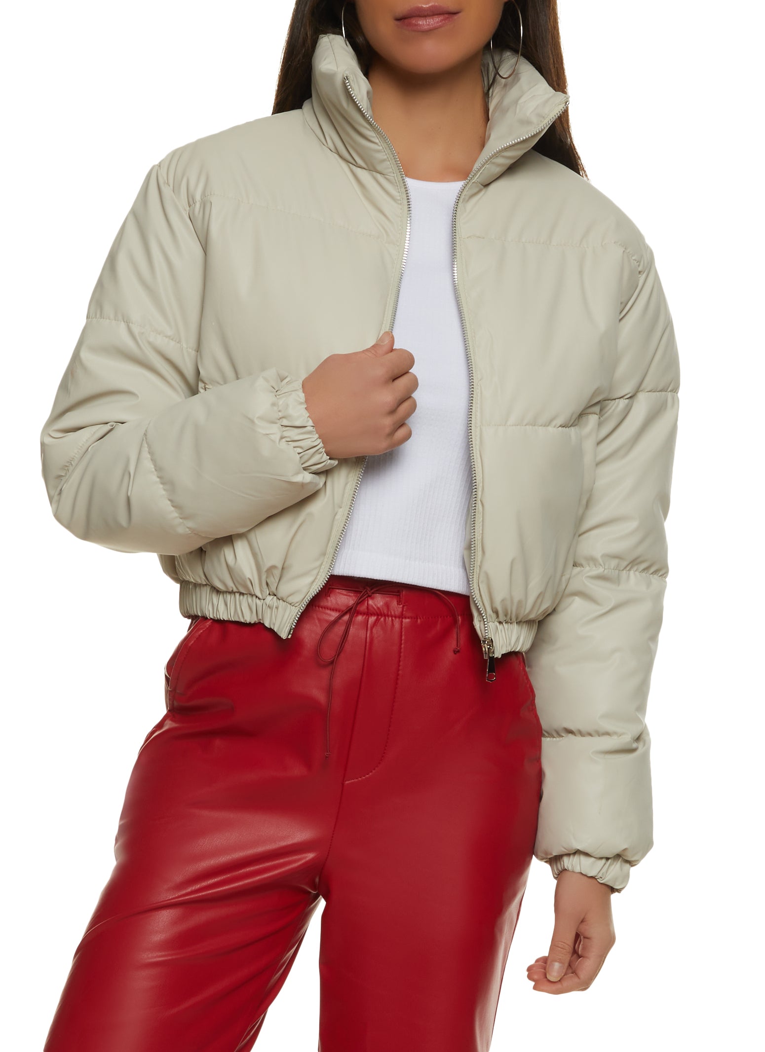 Womens Faux Leather Zip Front Cropped Puffer Jacket, Beige, Size XL