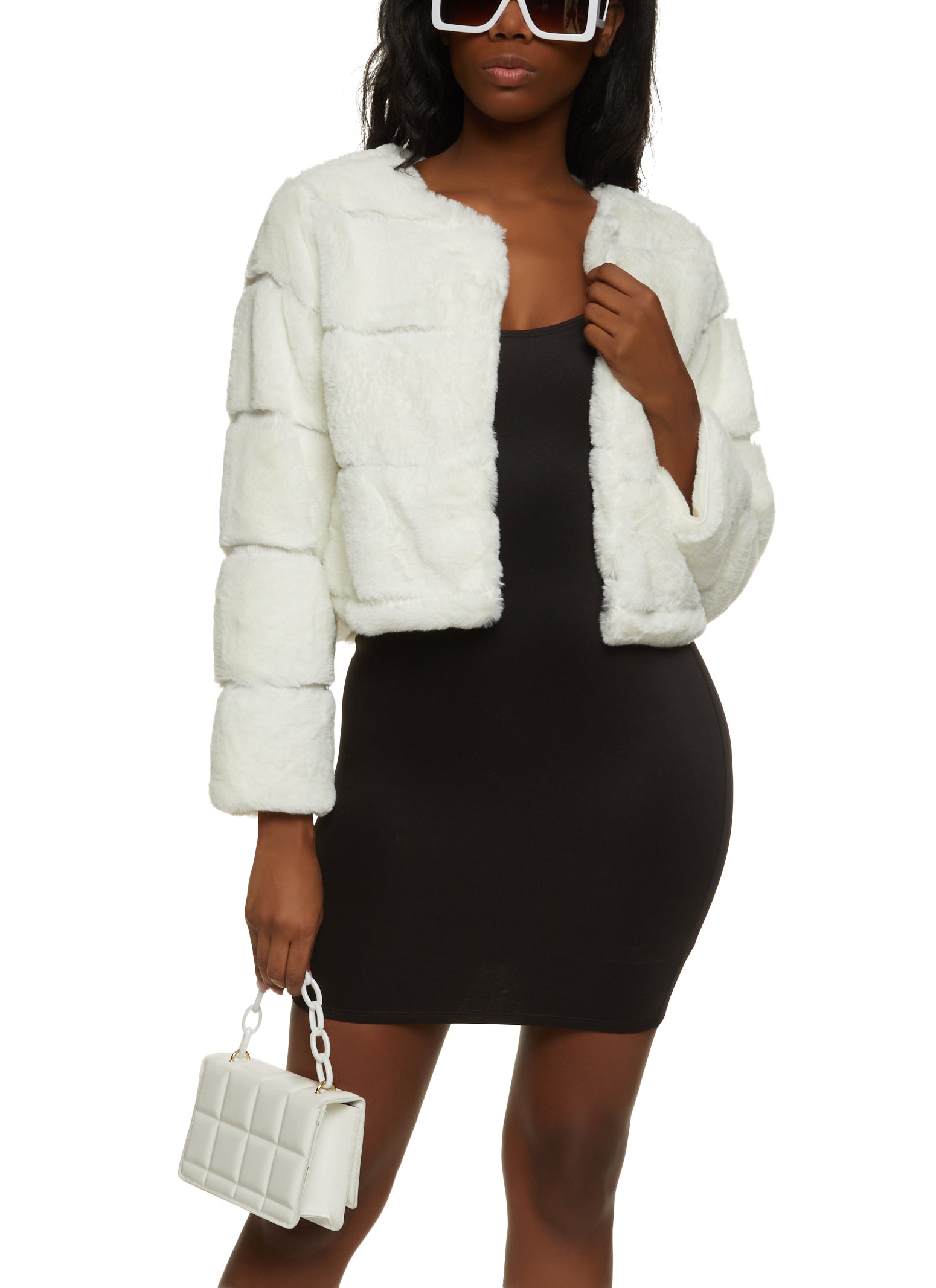 Women's Beige Fur Jacket, White Long Sleeve T-shirt, Brown Flare