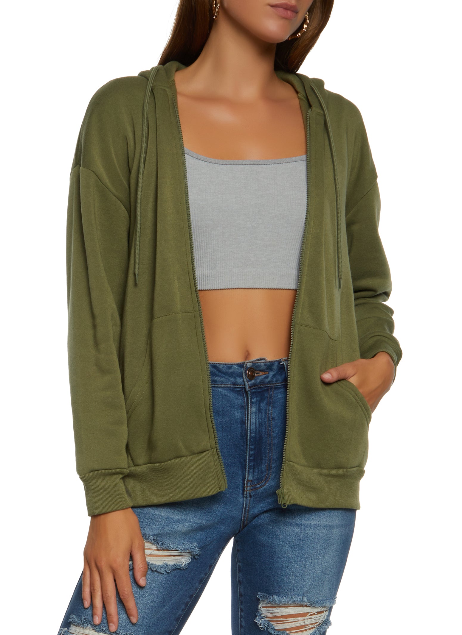 Womens Oversized Fleece Zip Up Hoodie, Green, Size L