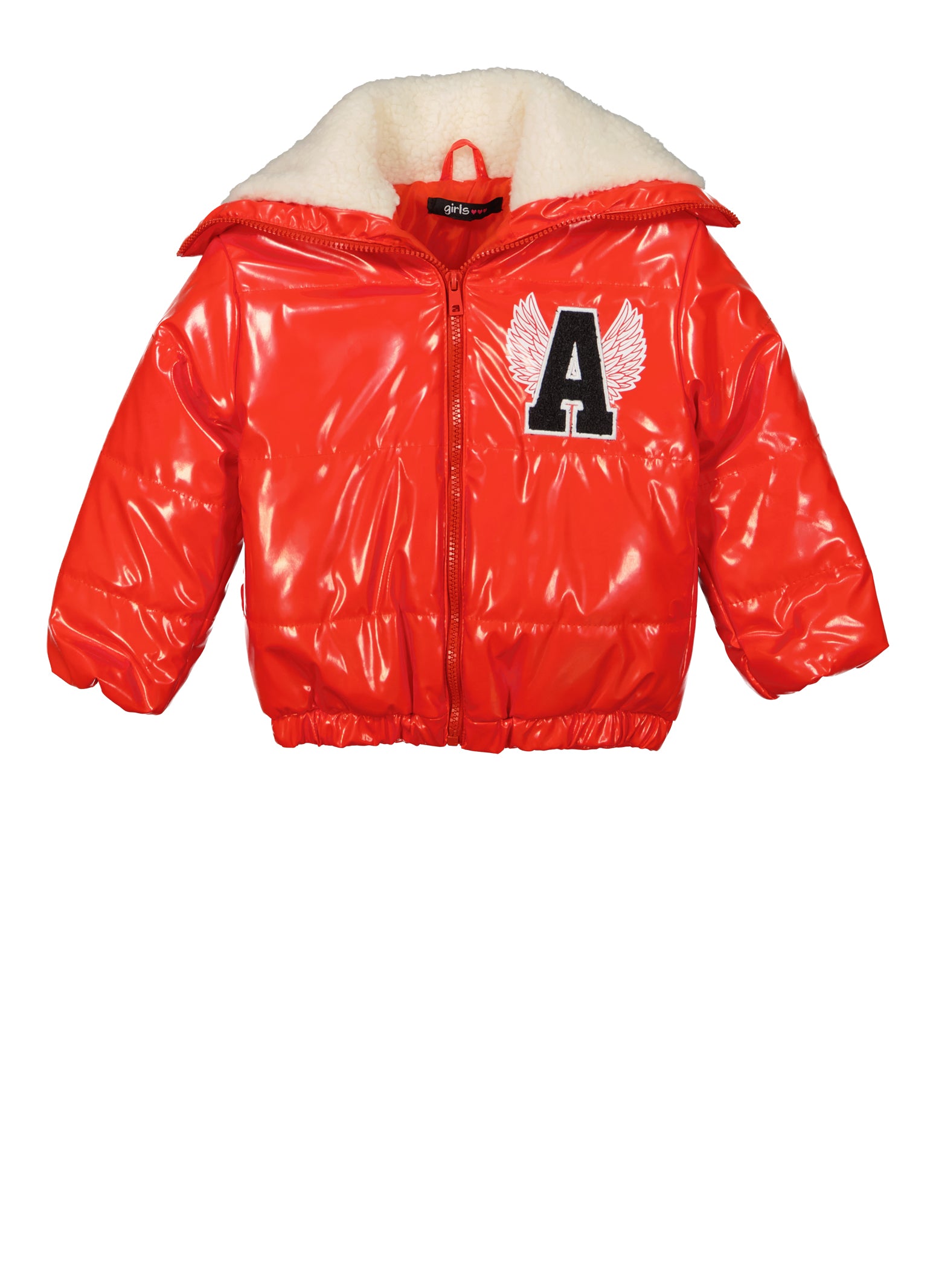 Red patent store leather puffer jacket