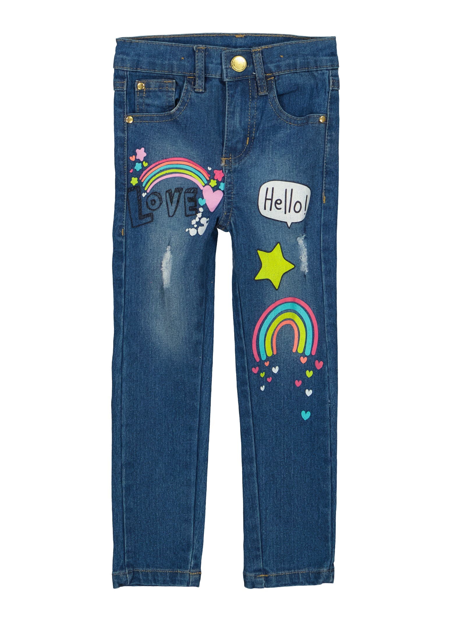 Girls Good Vibes Graffiti Print Jeans, Medium Wash, Size 10 | Rainbow Shops