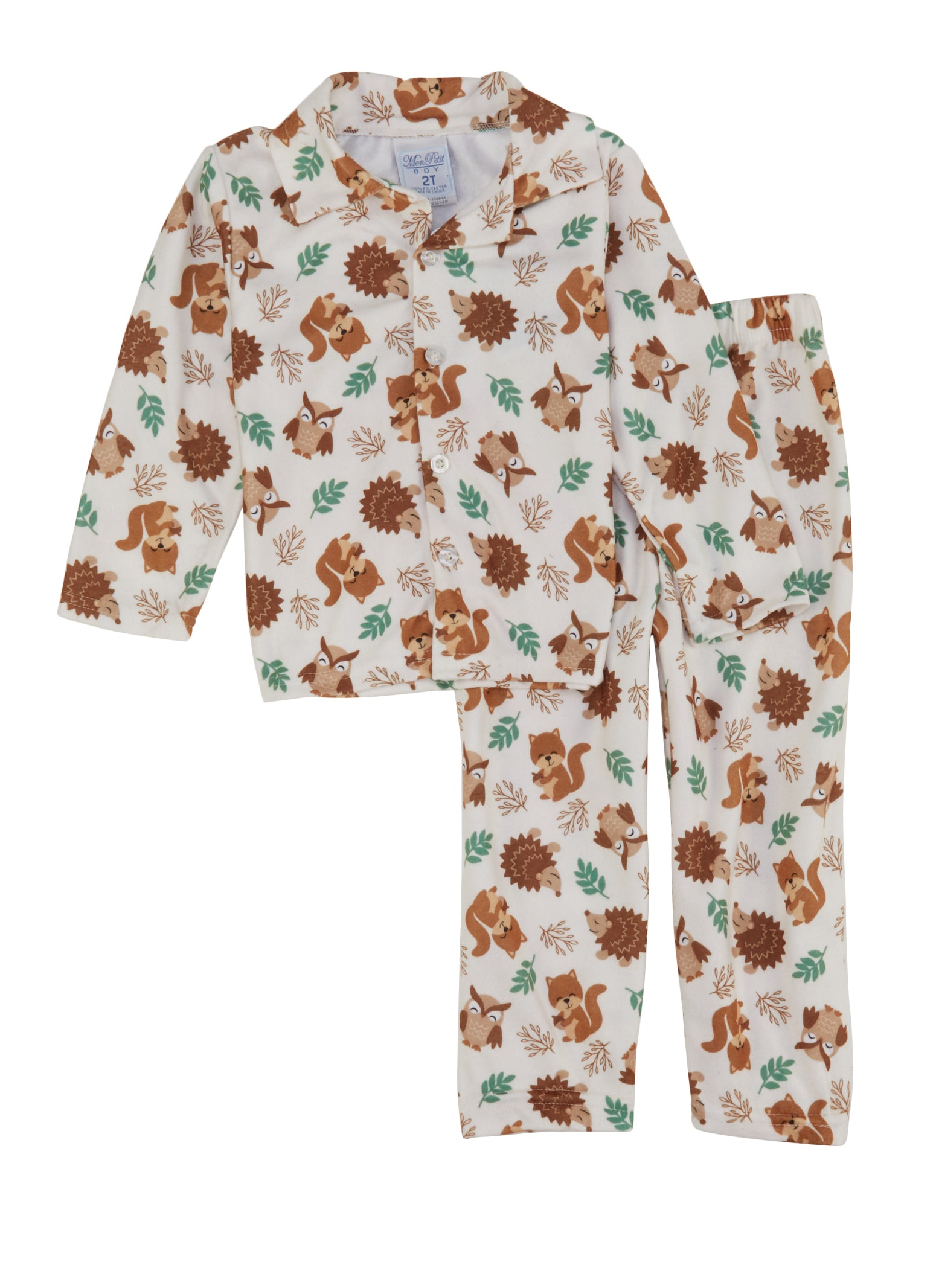 Toddler Boys Animal Graphic Print Pajama Shirt and Pants Set, White,