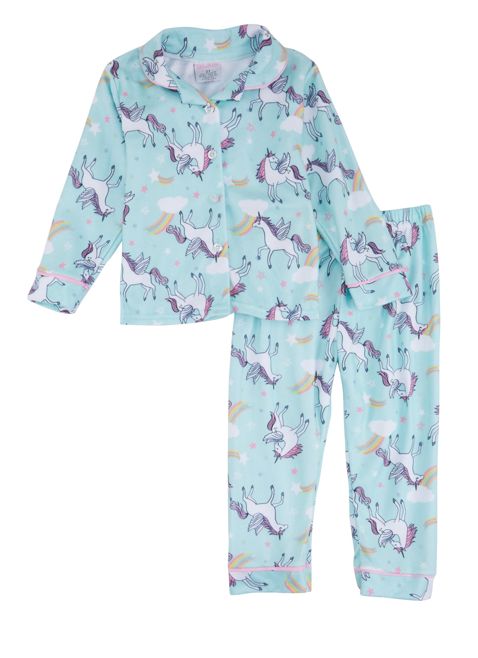 Toddler Girls Graphic Patterned Notch Collar Pajama Shirt and Pants, Blue, Size 3T