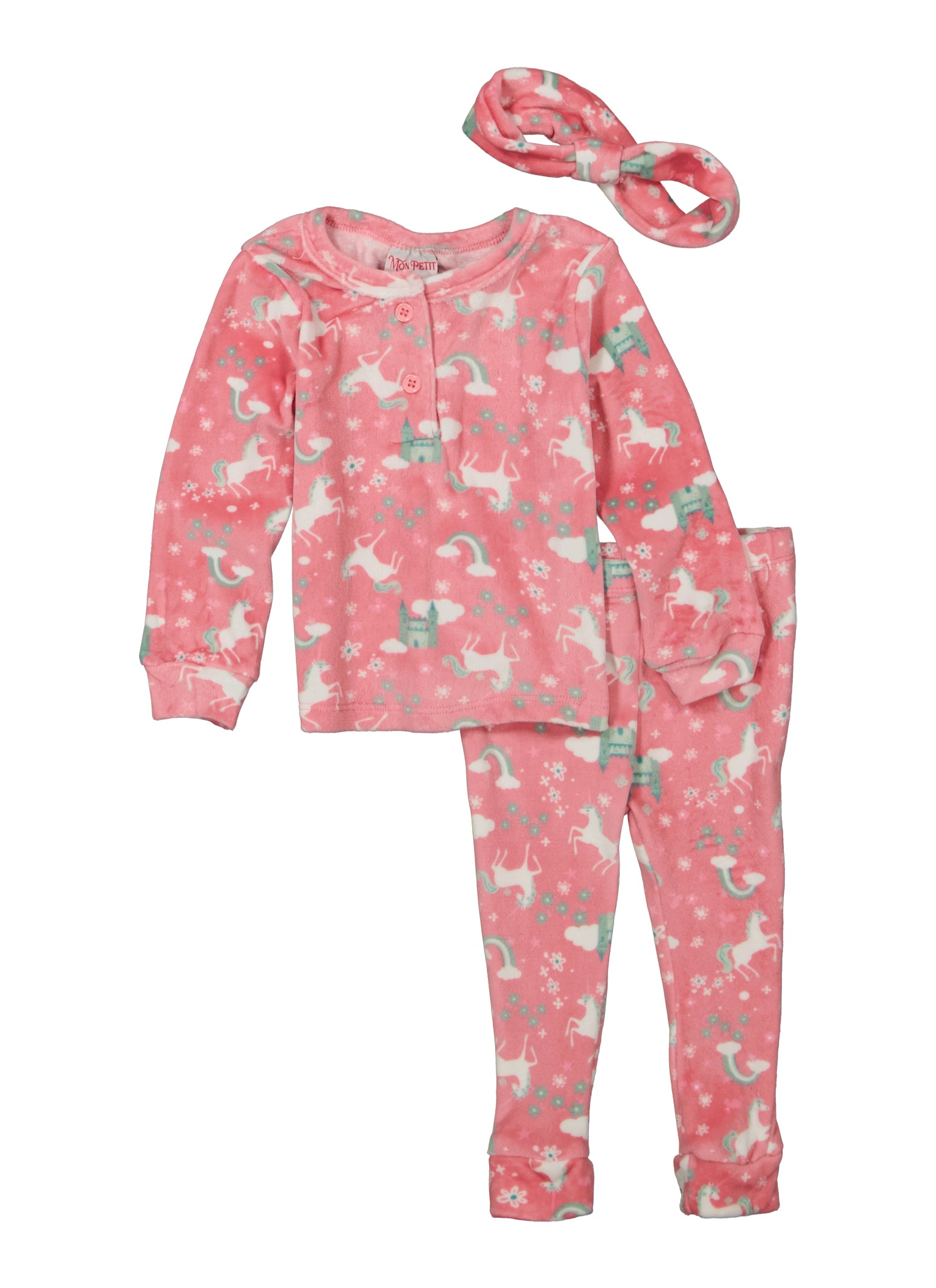 Toddler Girls Velour Unicorn Printed Pajama Set and Headband, Pink, Size 2T