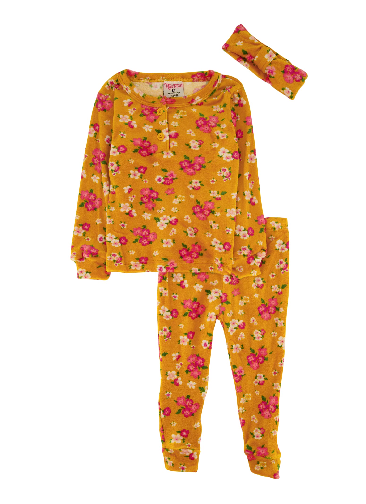 Toddler Girls Velour Floral Print Pajama Top and Pants Set, Orange, Size 3T