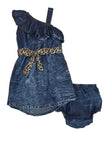 Toddler Fitted Belted Tie Waist Waistline Animal Print One Shoulder Sleeveless Bubble Dress Denim Fit-and-Flare Skater Dress/Midi Dress With Ruffles