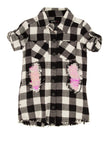 Toddler Button Front Sequined Collared Plaid Print Shirt Midi Dress