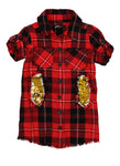 Toddler Plaid Print Collared Button Front Sequined Shirt Midi Dress