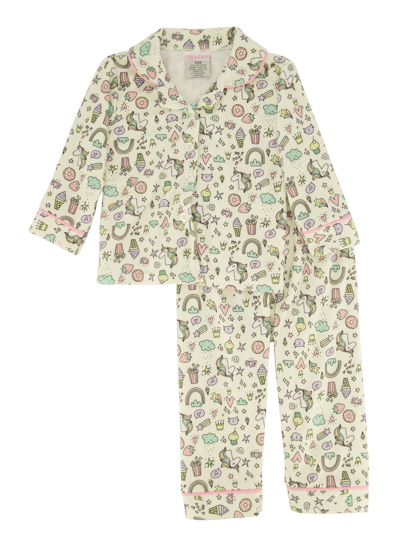 Baby Girls 12-24M Printed Notch Collar Pajama Top and Pants, White, Size 12M