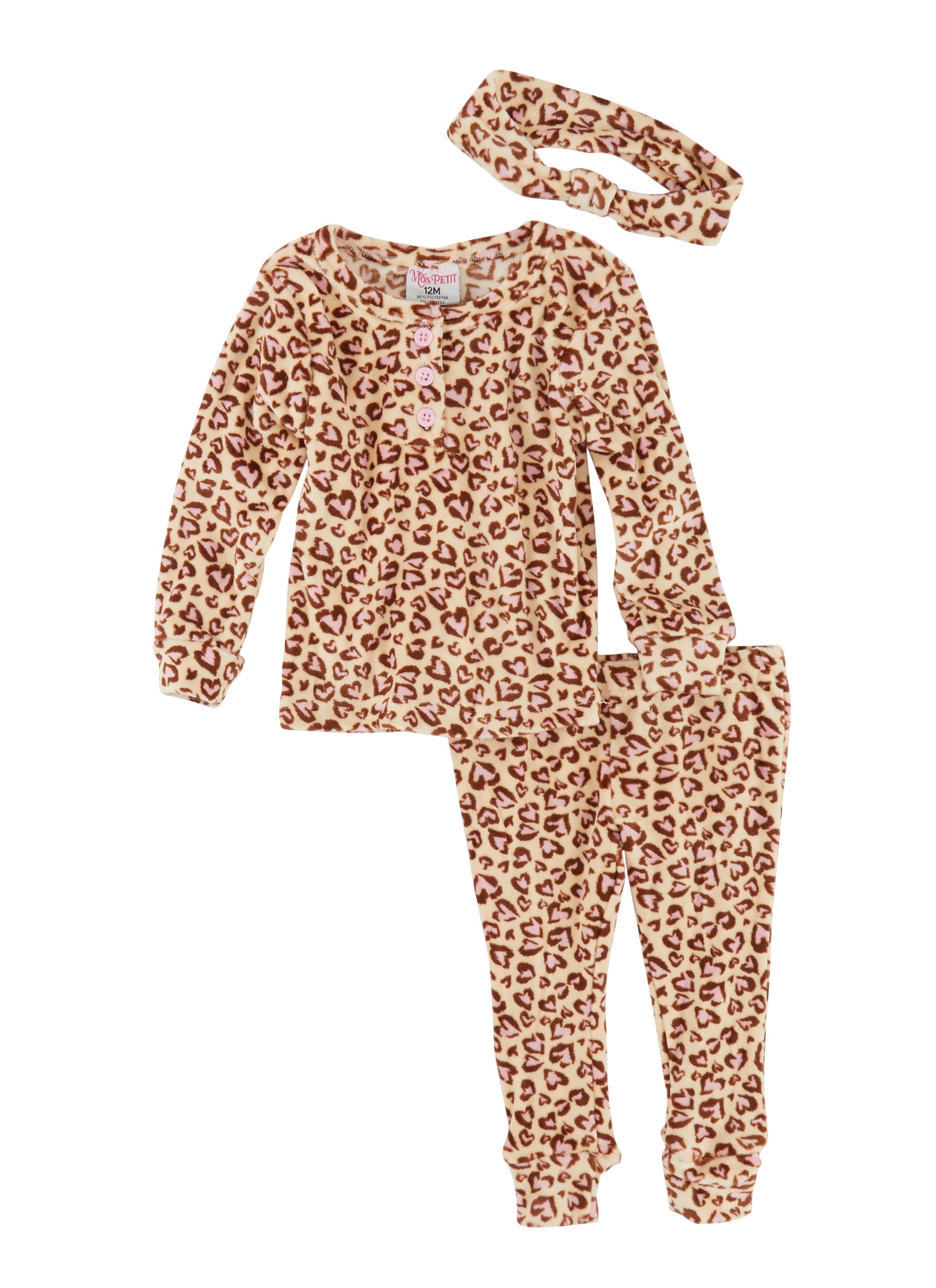 Baby Girls 12-24M Velour Heart Animal Print Pajama Top and Pants Set, Brown, Size 18M