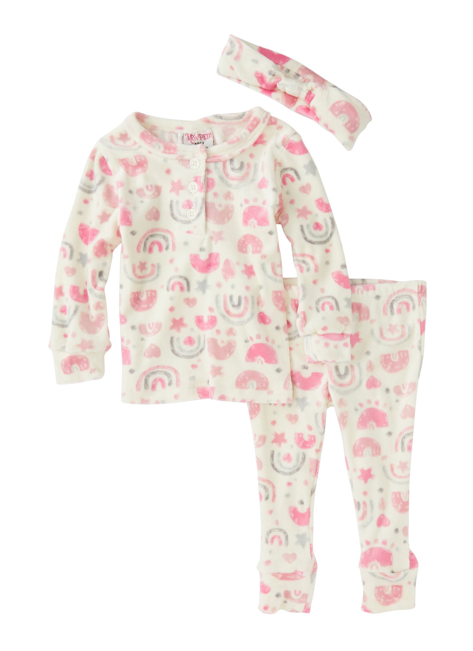 Baby Girls 12-24M Plush Graphic Print Pajama Top and Pants with Headband Set, Pink, Size 12M