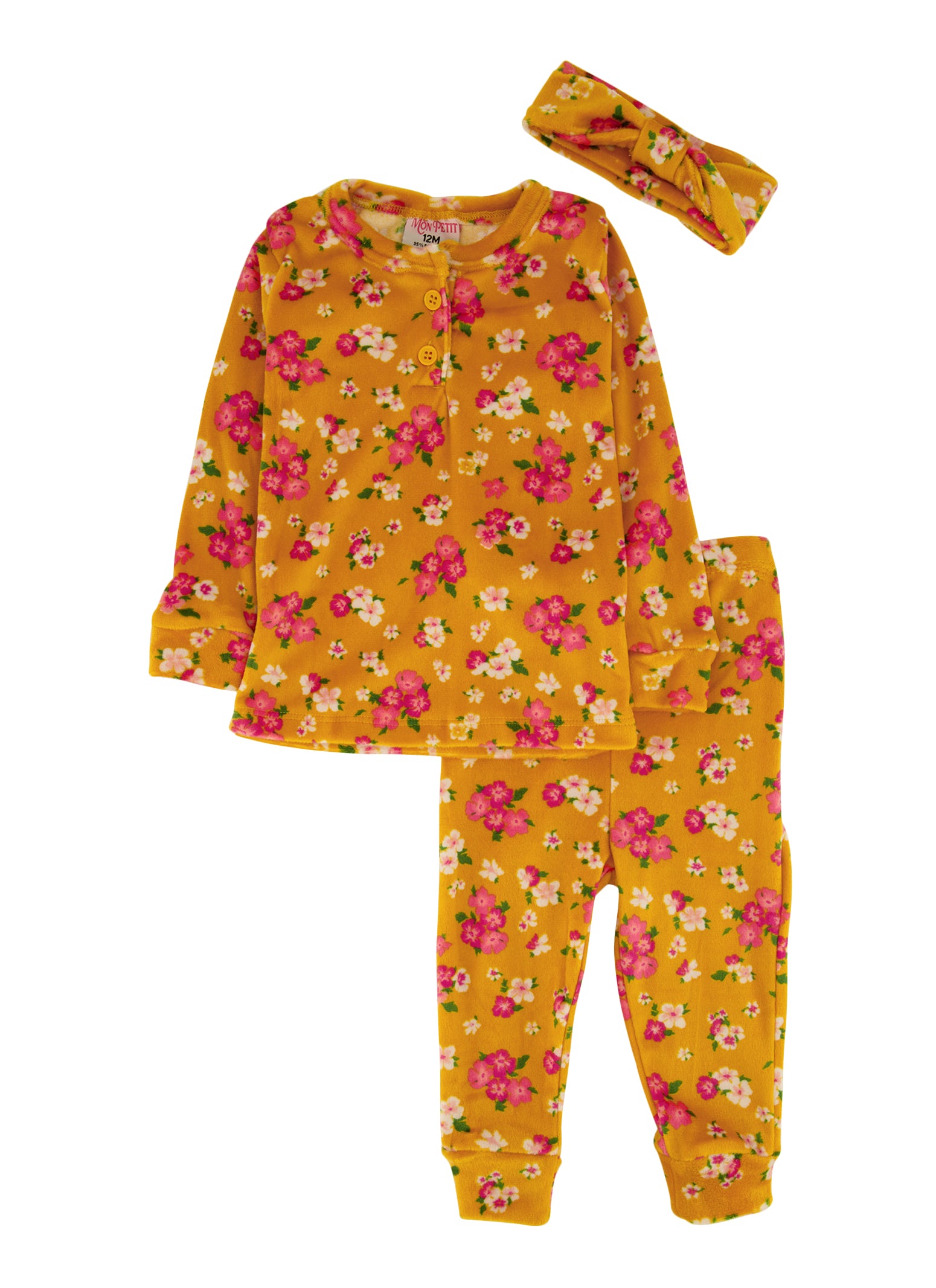 Baby Girls 12-24M Velour Floral Print Pajama Top and Pants Set, Orange, Size 24M