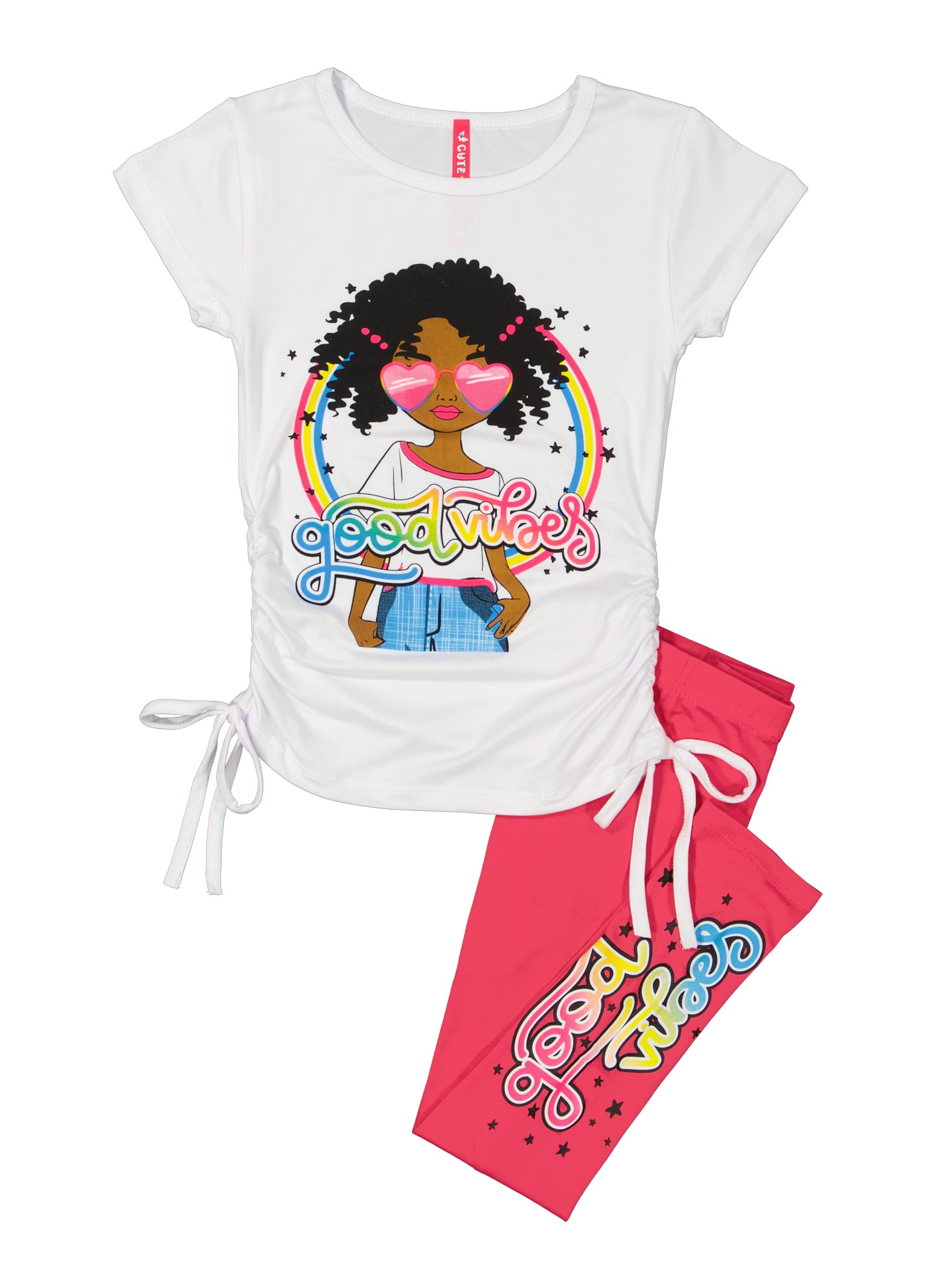 Little Girls Good Vibes Graphic Tee and Leggings Set, White, Size 4