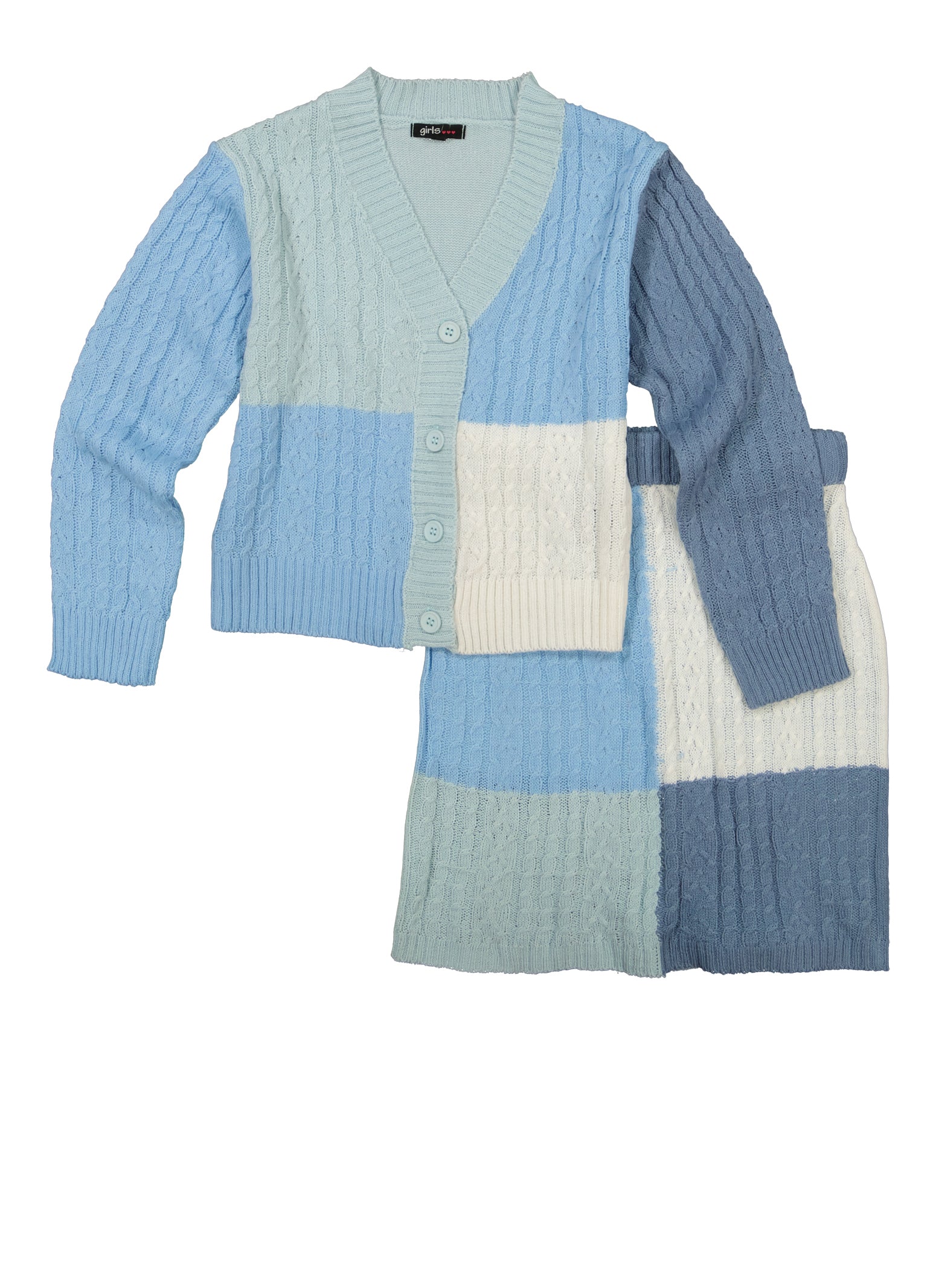 Girls Color Block Cardigan and Skirt Set, Blue, Size 10-12