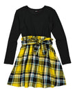 Girls Ribbed Fitted Belted Pleated Long Sleeves Crew Neck Knit Plaid Print Fit-and-Flare Skater Dress/Midi Dress