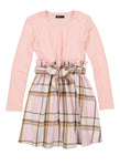 Girls Knit Plaid Print Fitted Ribbed Pleated Belted Long Sleeves Crew Neck Fit-and-Flare Skater Dress/Midi Dress