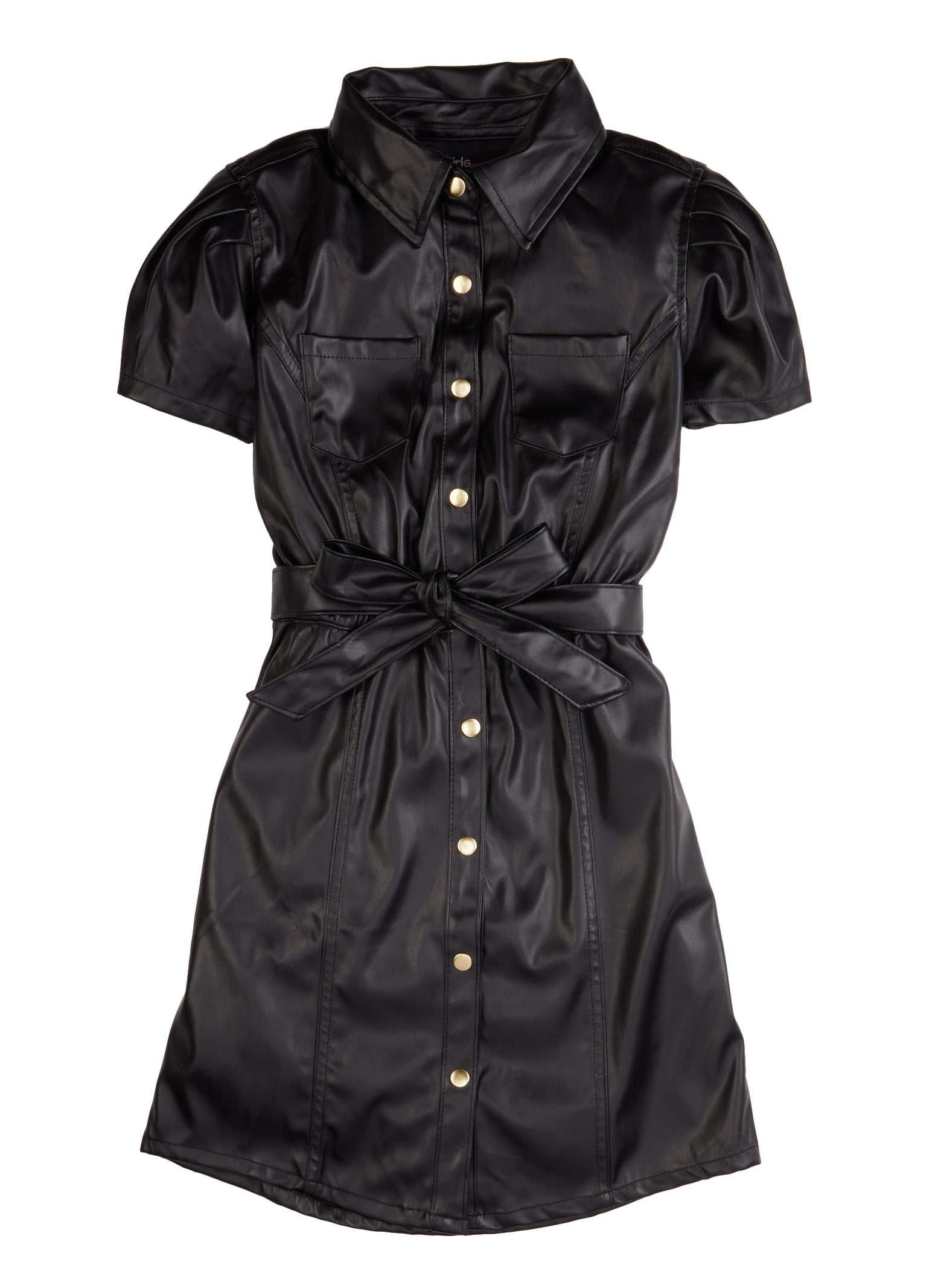 Girls Faux Leather Tie Waist Shirt Dress,