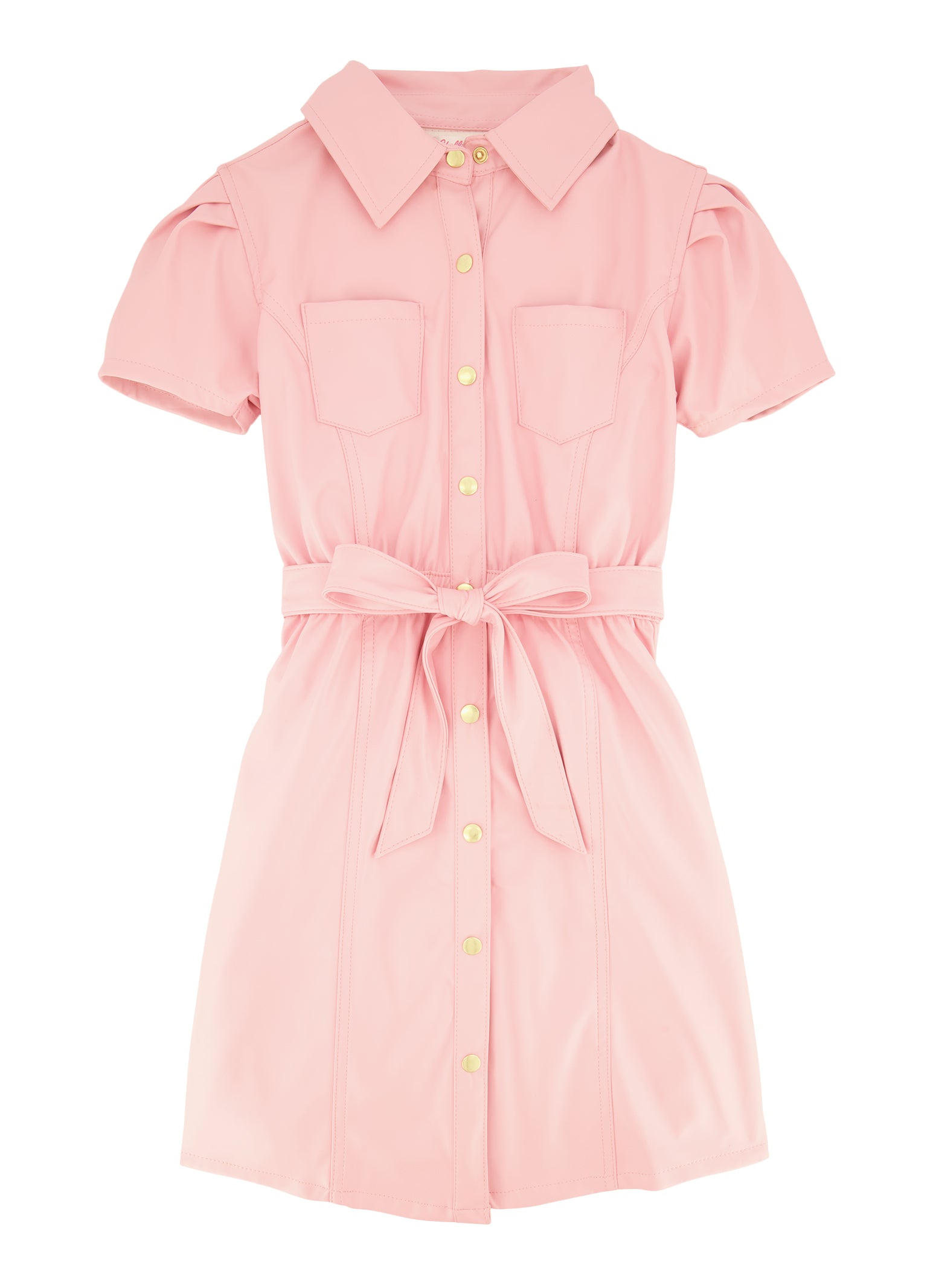 Girls Faux Leather Tie Waist Shirt Dress, Pink, Size 14-16