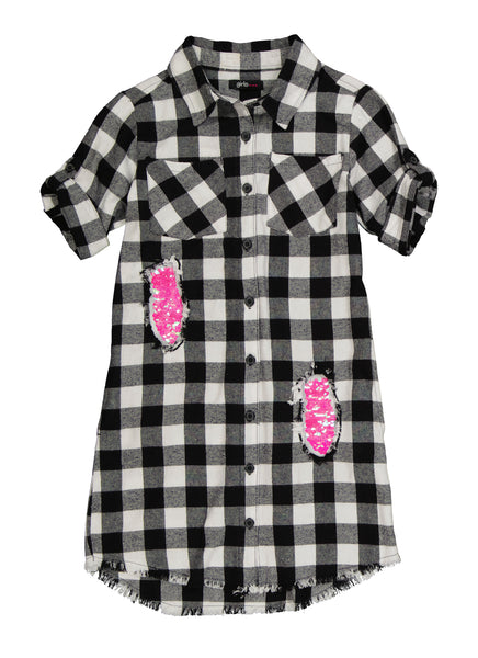 Girls Plaid Print Collared Sequined Shirt Midi Dress