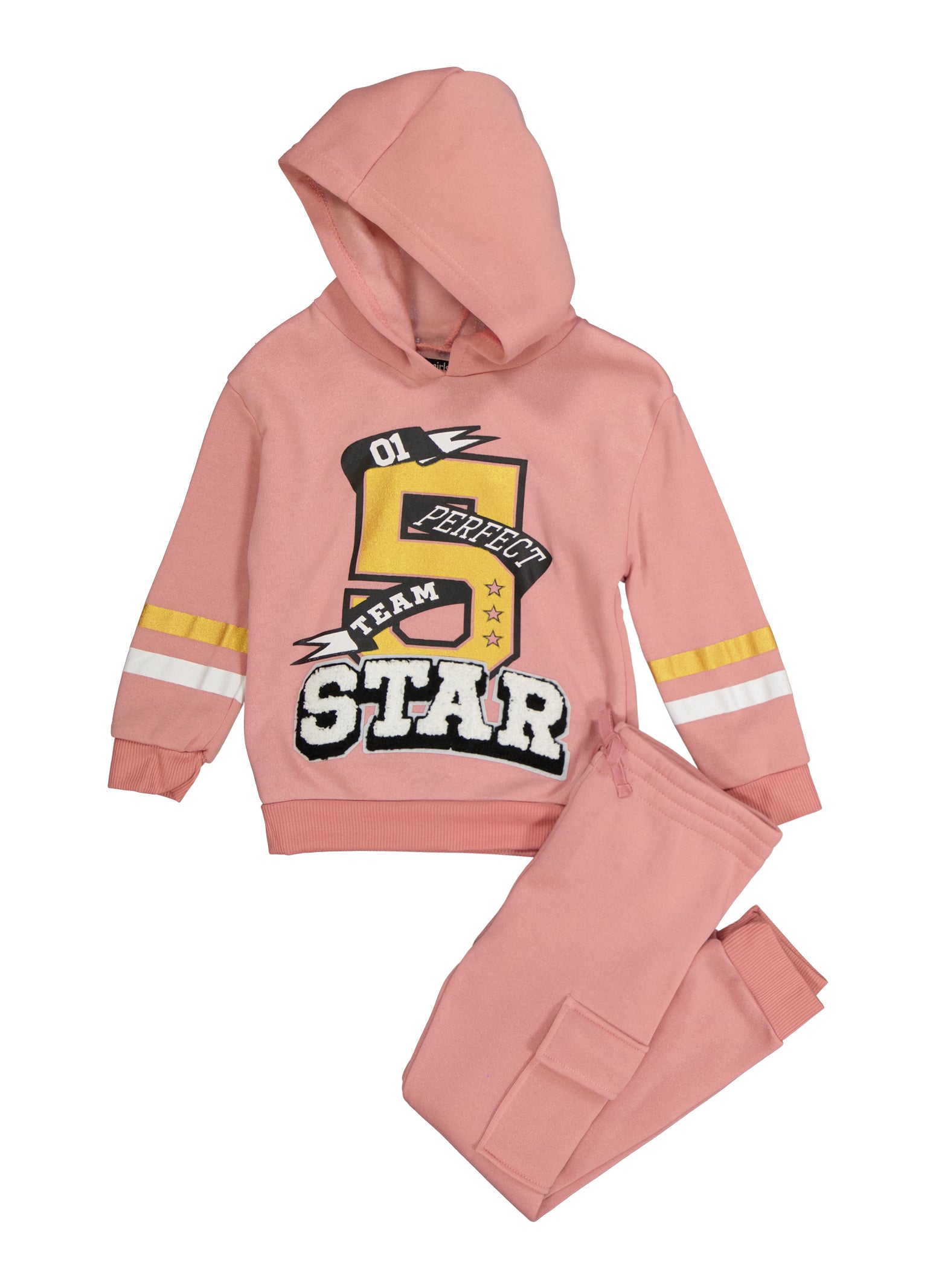 Little Girls Perfect Team Star Patch Graphic Hoodie and Joggers, Pink, Size 4