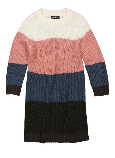 Girls Striped Print Crew Neck Sweater Long Sleeves Knit Midi Dress